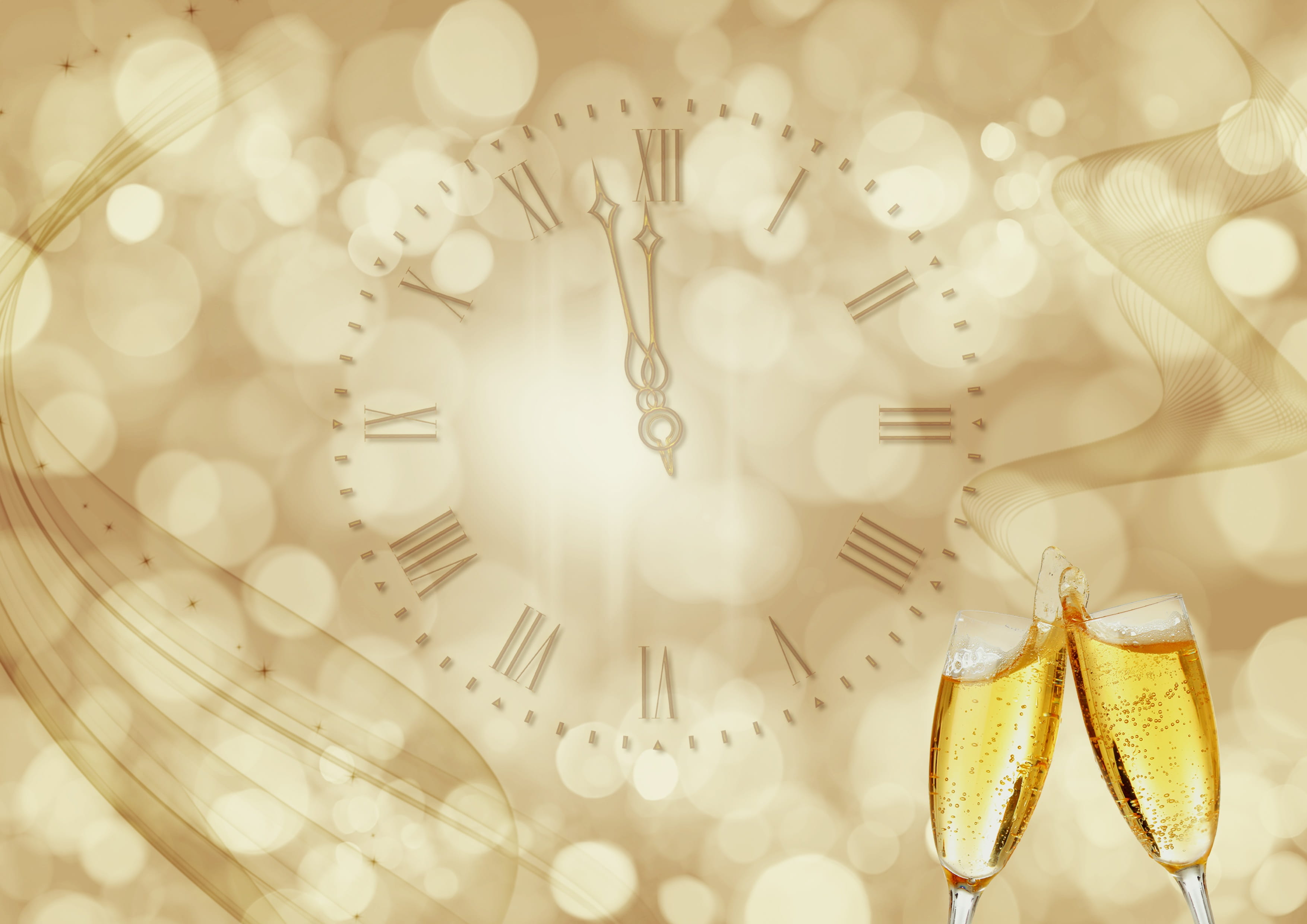 new years eve, no people, focus on foreground, background, close-up, freshness, indoors, midnight, champagne glasses, clock, bokeh, backgrounds, glasses, HD Wallpaper