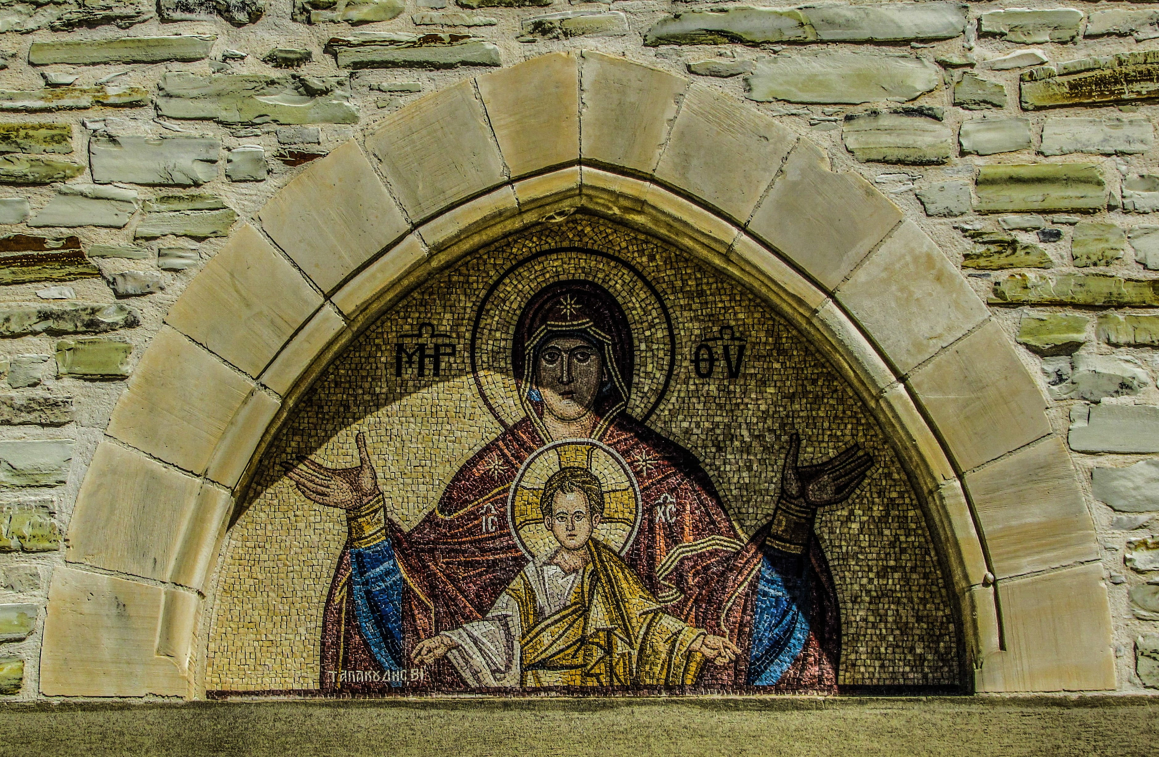wall, monastery, byzantine, built structure, representation, cyprus, panagia stazousa, day, 14th century, famous Place, church, art and craft, Virgin Mary, HD Wallpaper
