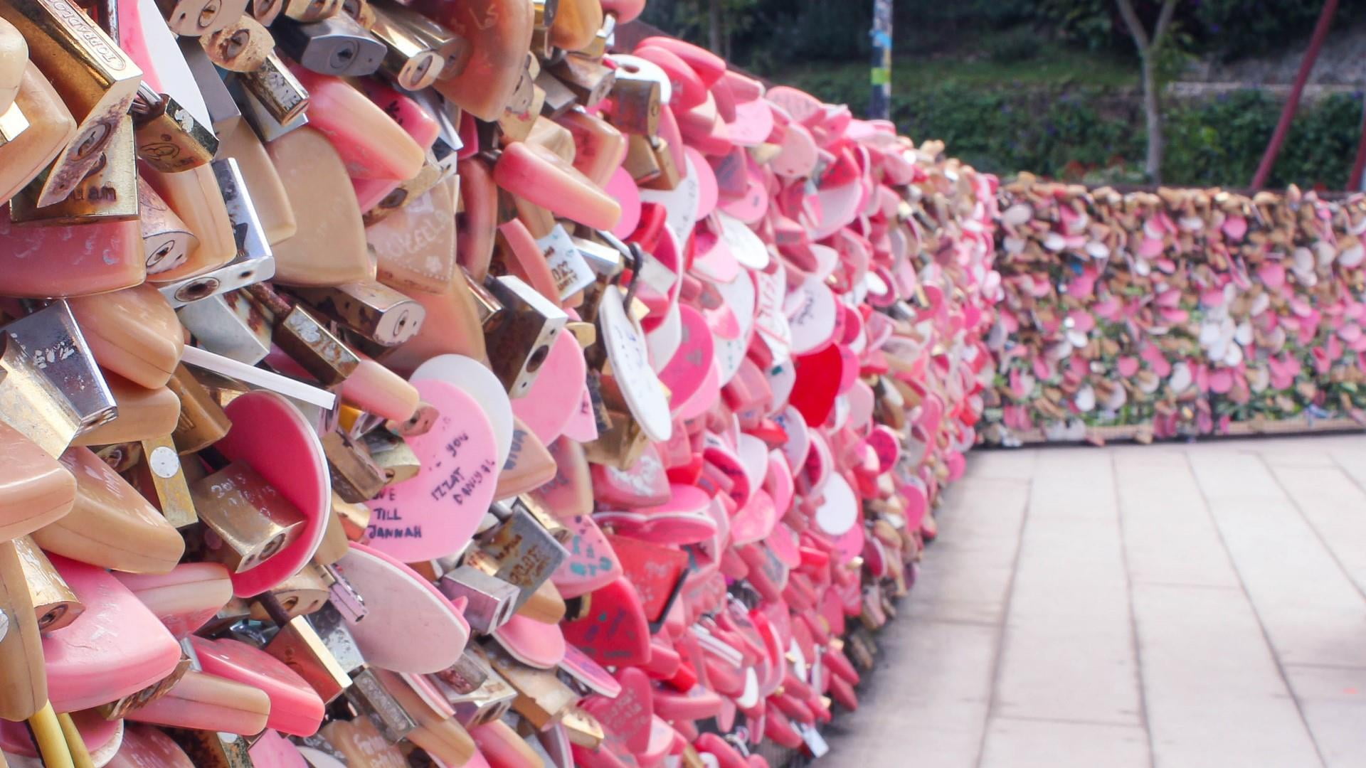 focus on foreground, protection, pink color, romantic, emotion, lovelock, railing, abundance, day, positive emotion, 1080P, fence, safety, lock, text, HD Wallpaper