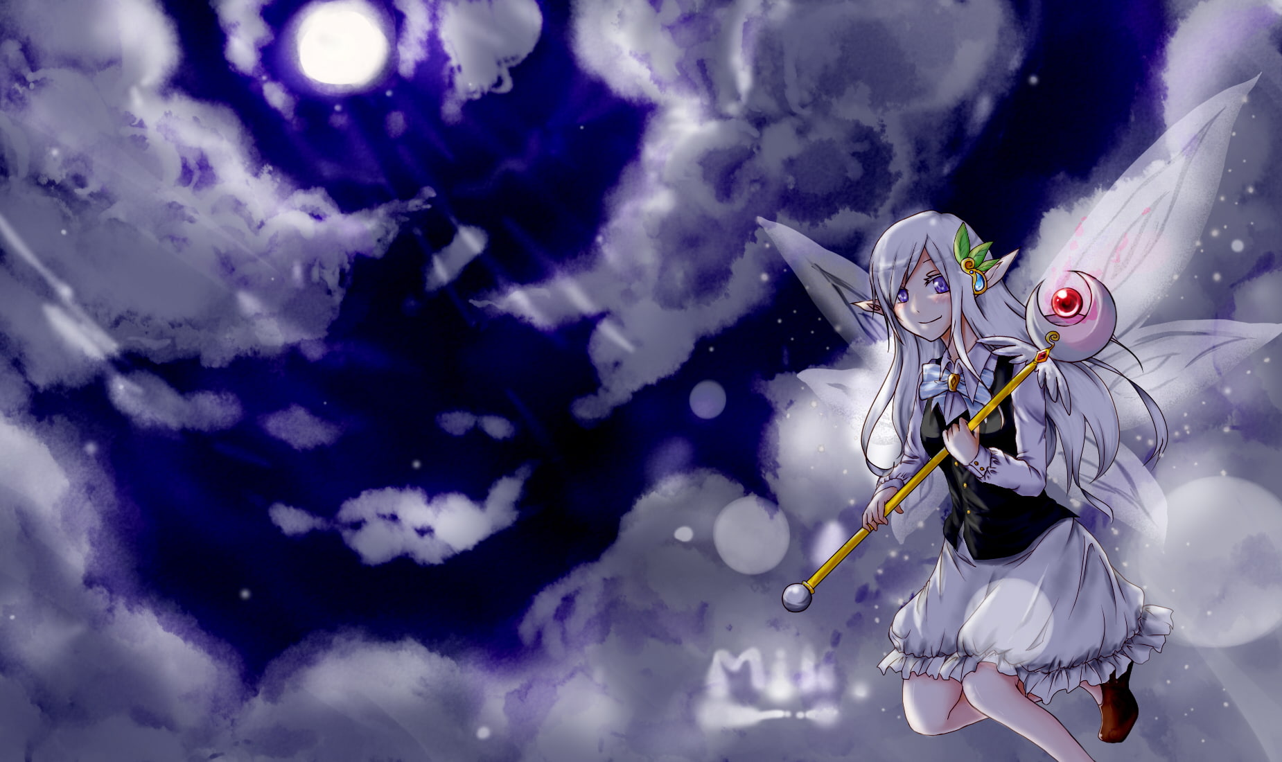 original, wings, elf, clouds, skirt, 720P, purple, sky, long, bow, hair, eyes, lovelocker, white, HD Wallpaper