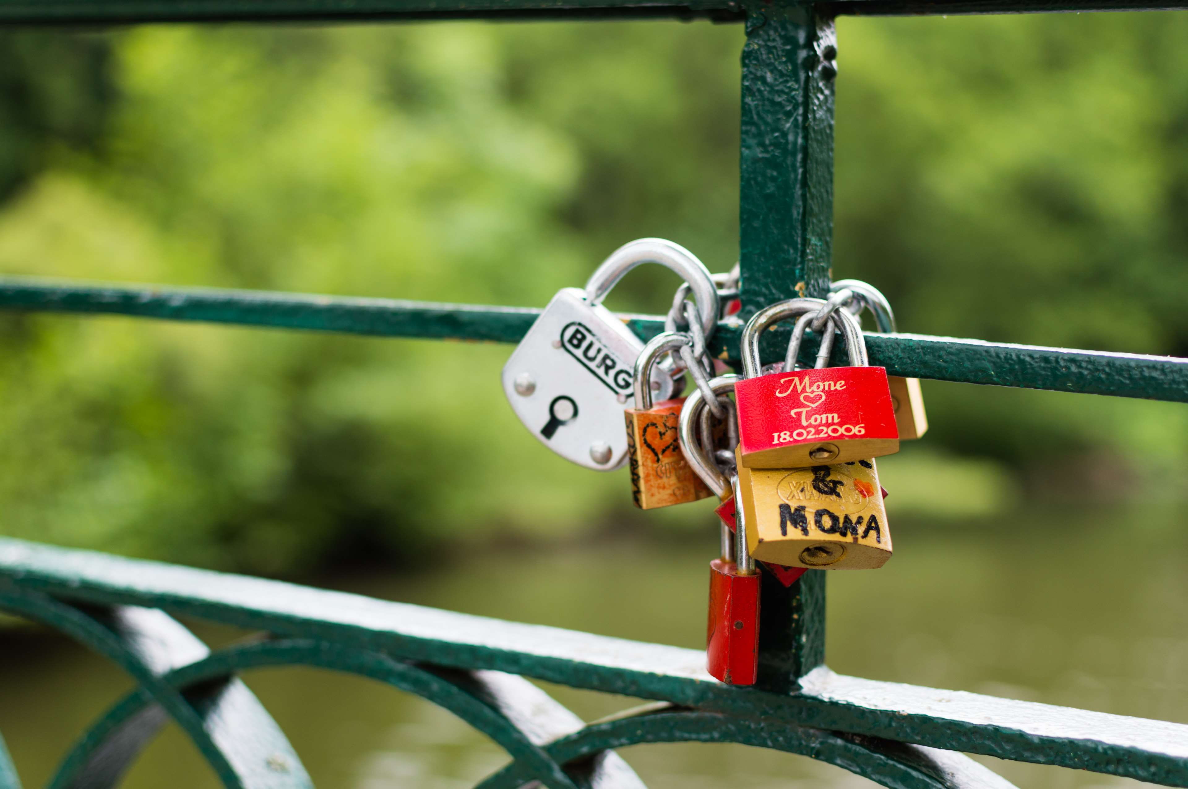 4K, lovelocks, love, protection, close up, railing, day, focus on foreground, text, heart shape, safety, bridge - man made structure, love lock, metal, HD Wallpaper