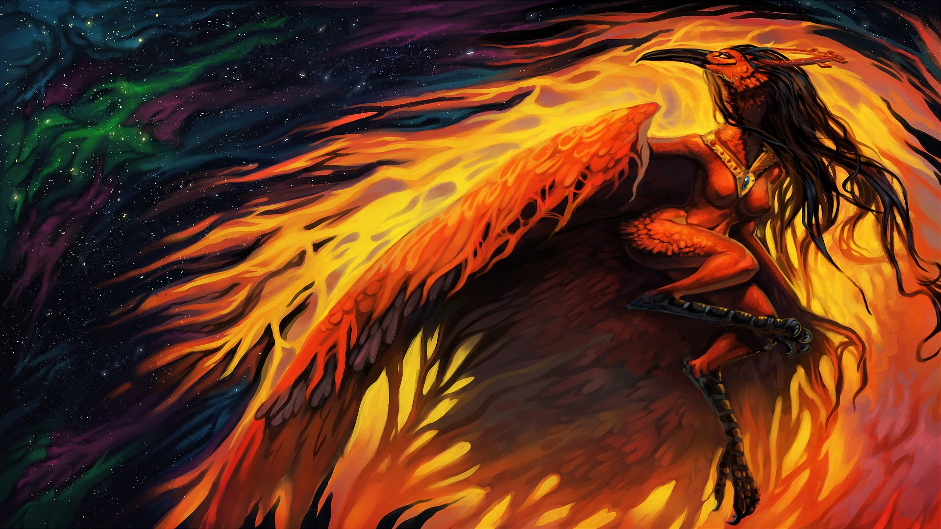 fiction, burning, bird, Firebird, beak, character, flowing, flame, abstract, yellow, art, wings, nature, backgrounds, fantasy, close-up, full frame, day, HD Wallpaper
