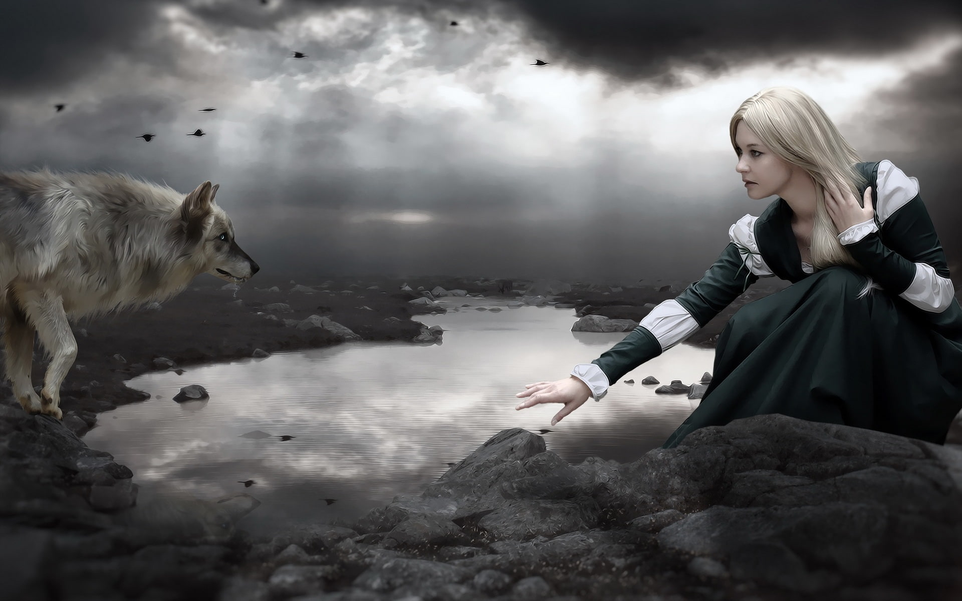 Lake, green, Pictures, woman, Art, 1080P, anime, white, dress, Night, Wolf, Girl, character, HD Wallpaper