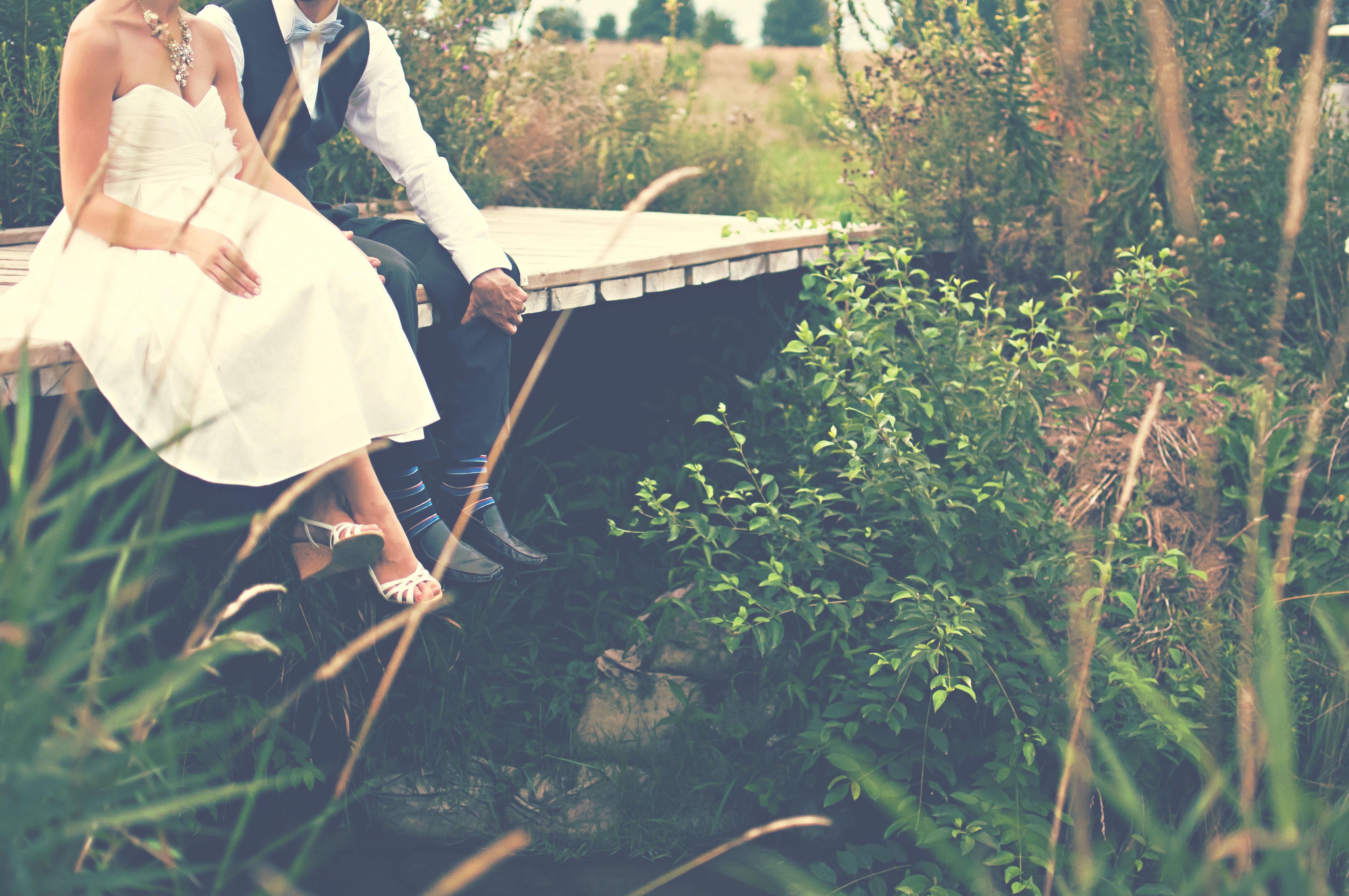 white, bride, happy, green color, beside, day, bridal, formal, adult, female, bride and groom, casual clothing, full length, wife, tuxedo, romance, husband, HD Wallpaper