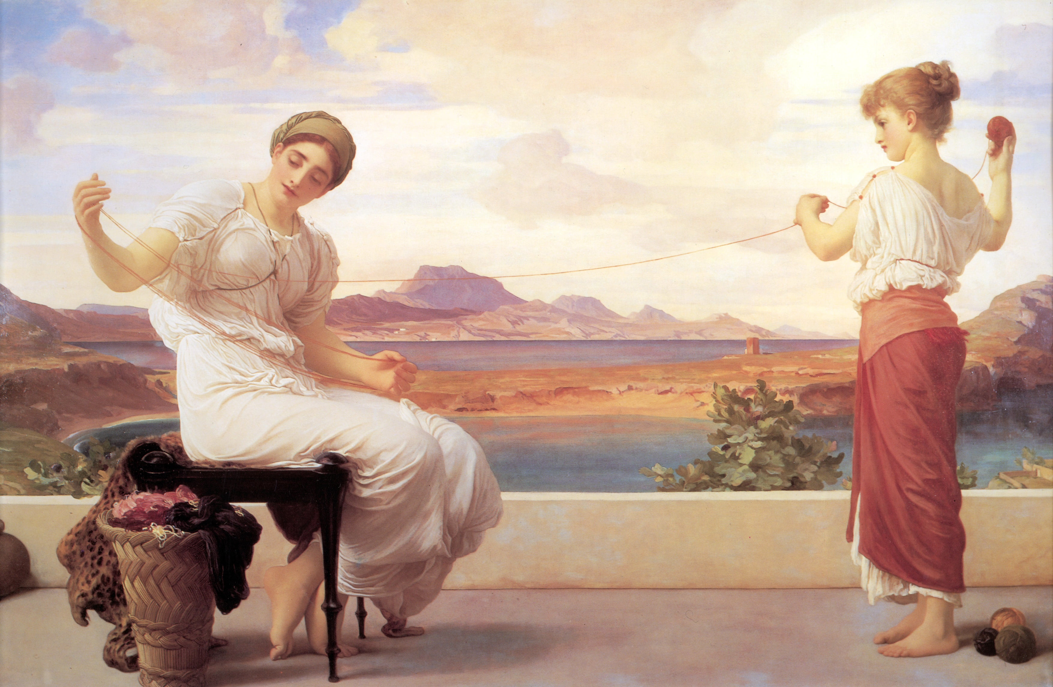 daughter, Frederic Leighton, Neoclassicism, sentimental details, river, mother, 2K, mountains, thread, Winding the Skein big, tangle, HD Wallpaper