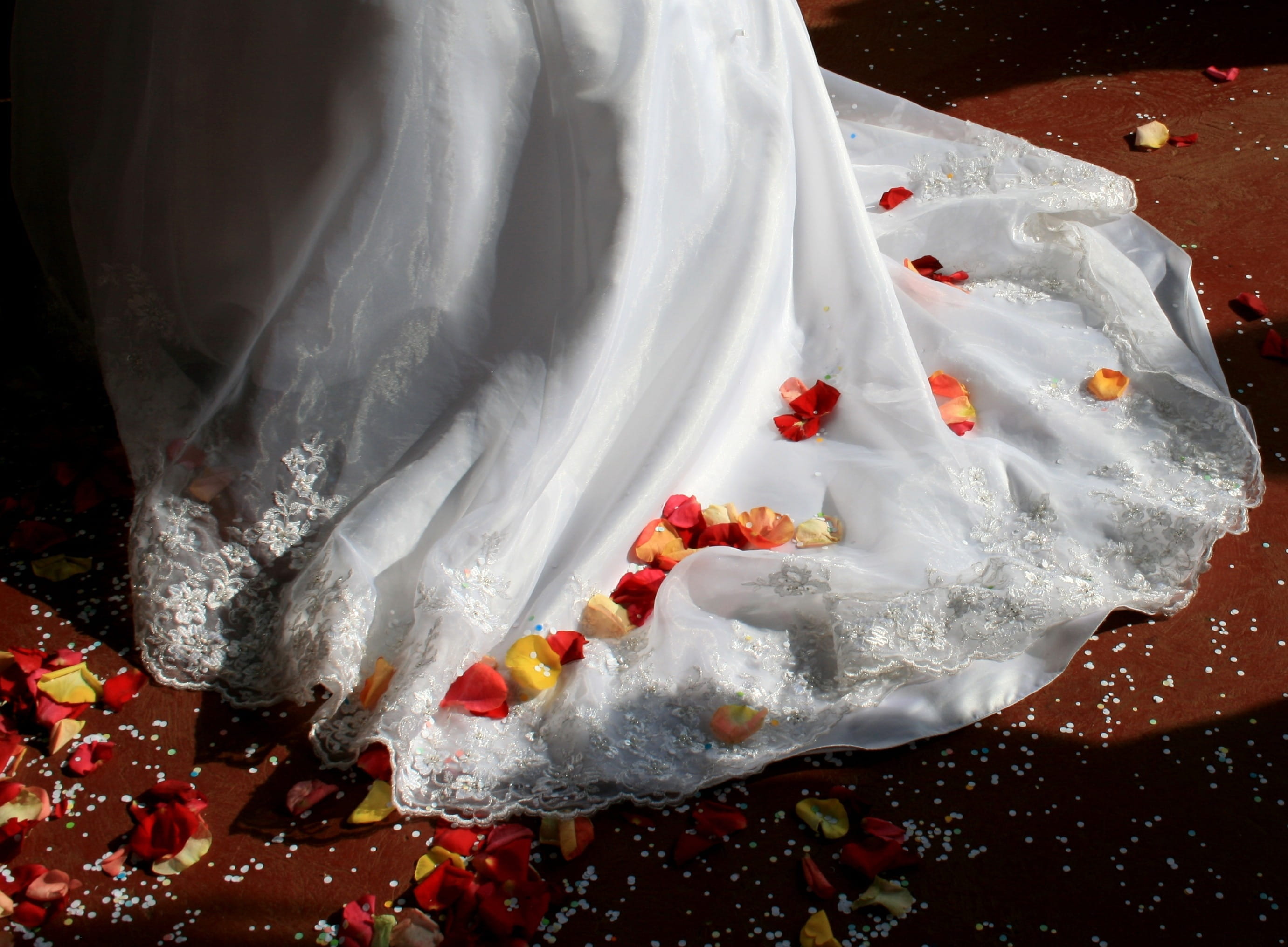 yellow, food and drink, wedding dress train, lace, white color, 2K, terracotta floor, food, flowers, red, high angle view, no people, wedding dress, luxurious, HD Wallpaper