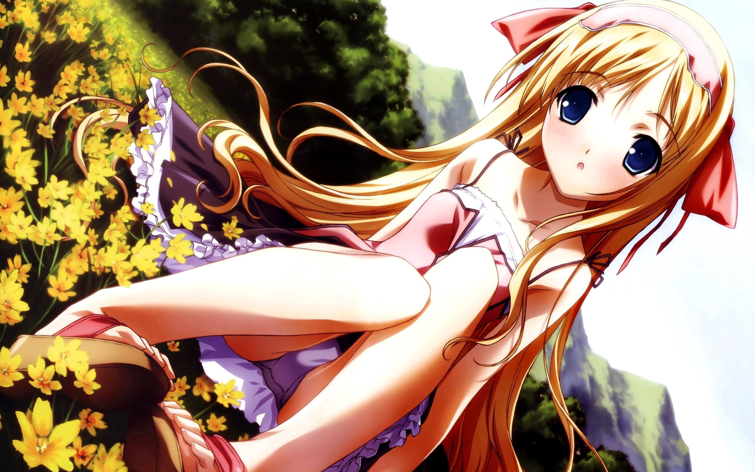 female, mask - disguise, flowers, haired, real people, smiling, meadow, plant, red, females, anime, sky, women, flowering plant, people, lifestyles, focus on foreground, HD Wallpaper