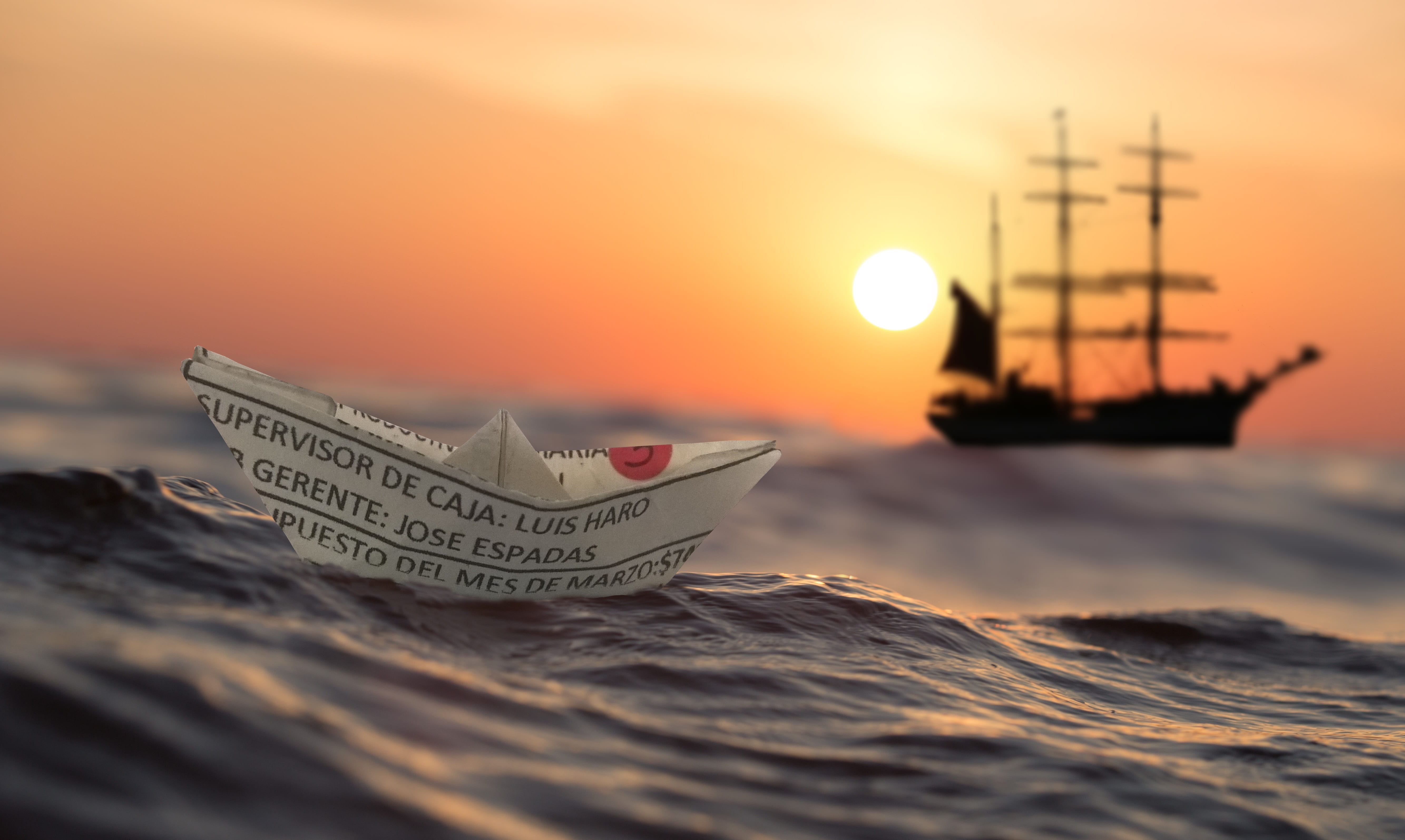 paper boat, motion, sailboat, sunset, nautical vessel, water, waters, mode of transportation, business, dawn, sailing boat, sailing ship, 5K, dusk, passenger craft, HD Wallpaper