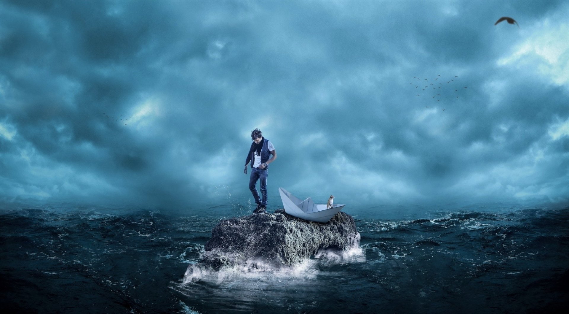 1080P, Man, Manipulation, Paper Boat, Fantasy, Sea, Ocean, Photography, Artistic, Wave, Cat, HD Wallpaper