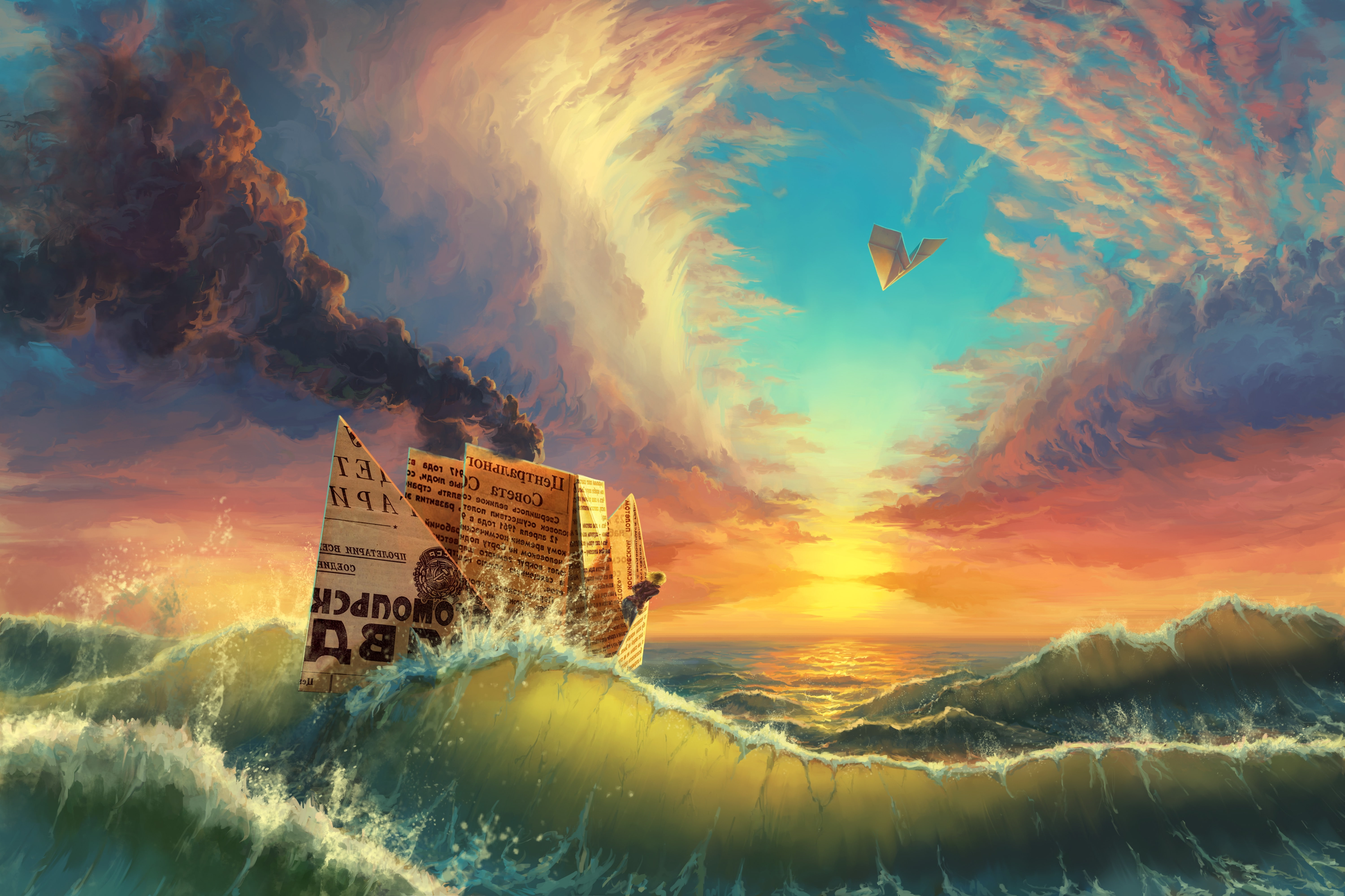 nature, Paper Boats, smoke, digital art, 5K, Colorful, Paper Planes, water, sea, Contrails, waves, Russian, ship, landscape, clouds, sunset, USSR, paper, HD Wallpaper