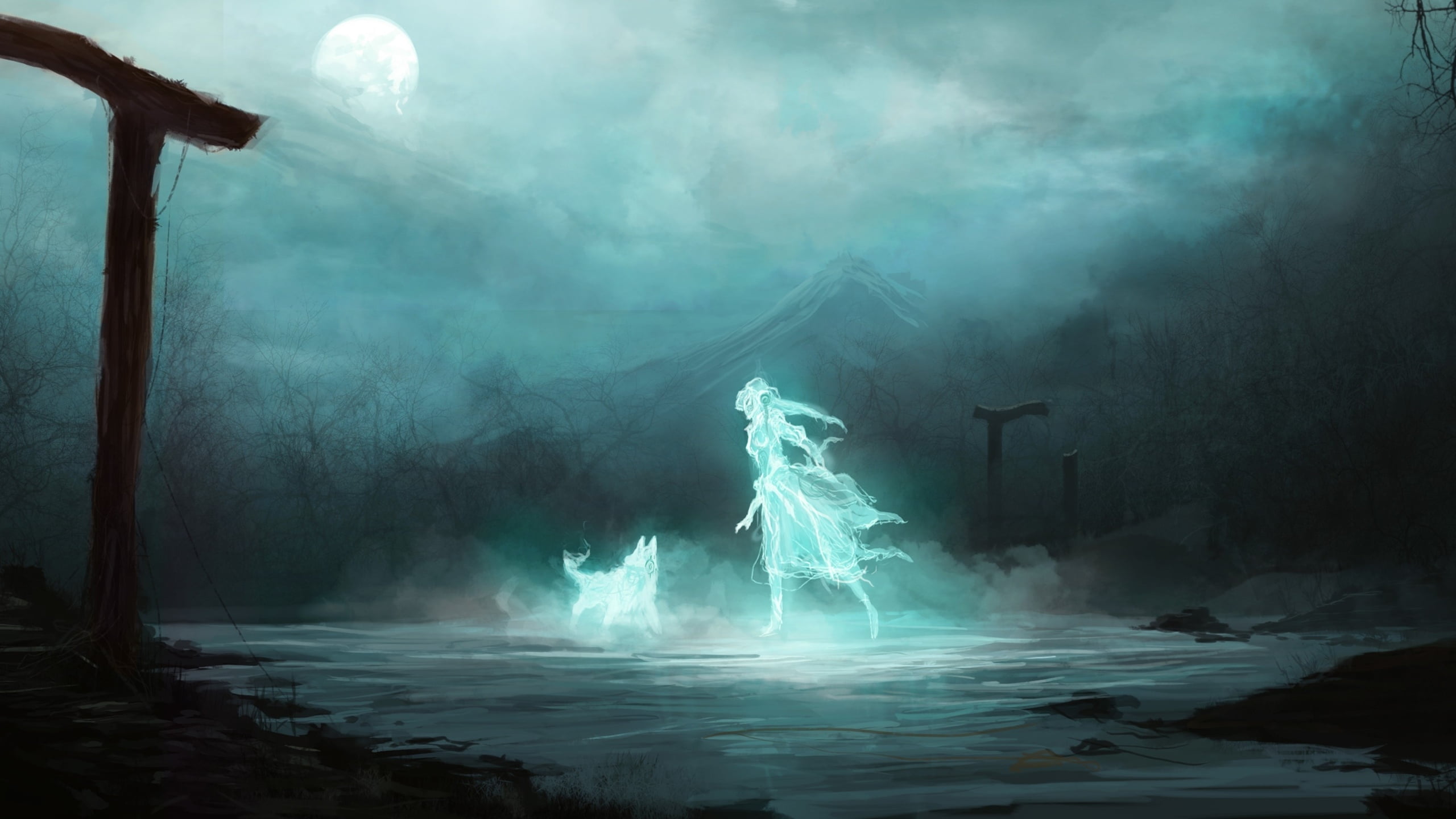 mystery, women, digital art, steam, dog, dark, cold temperature, fog, geology, water, land, smoke - physical structure, outdoors, tranquility, Moon, ghosts, HD Wallpaper