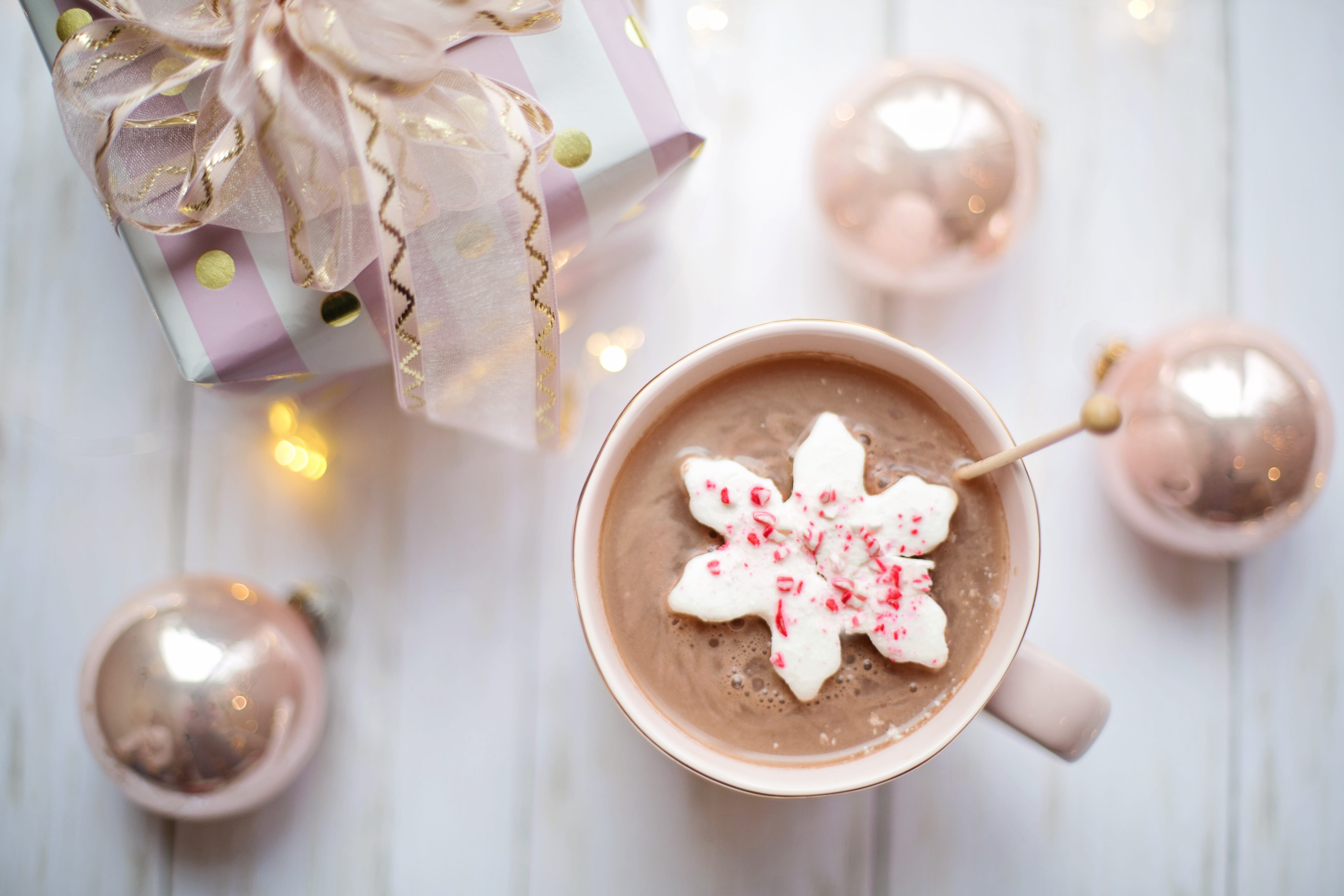 gift, cozy, sweet, hot chocolate, pink, indulgence, baked, present, drink, dessert, close-up, food, ornament, plant, table, celebration, xmas, holidays, HD Wallpaper