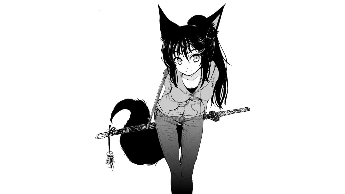 simple background, illustration, three quarter length, animal ears, katana, white background, witch, anime girls, character, leisure activity, copy space, HD Wallpaper