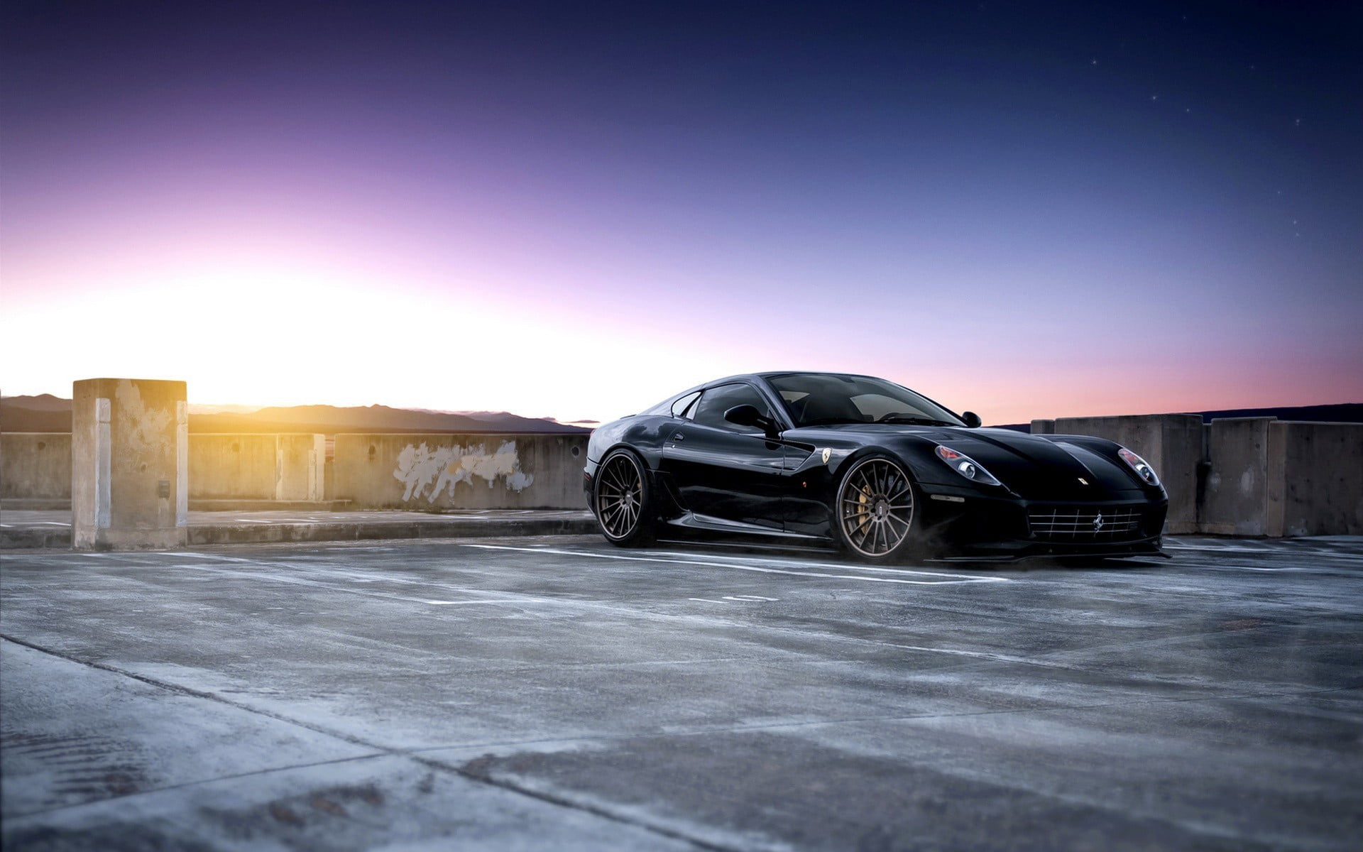 parking lot, parking, stationary, 1080P, sunlight, transportation, wheel, built structure, Ferrari 599, outdoors, sun, garage, nature, tire, city, sky, HD Wallpaper