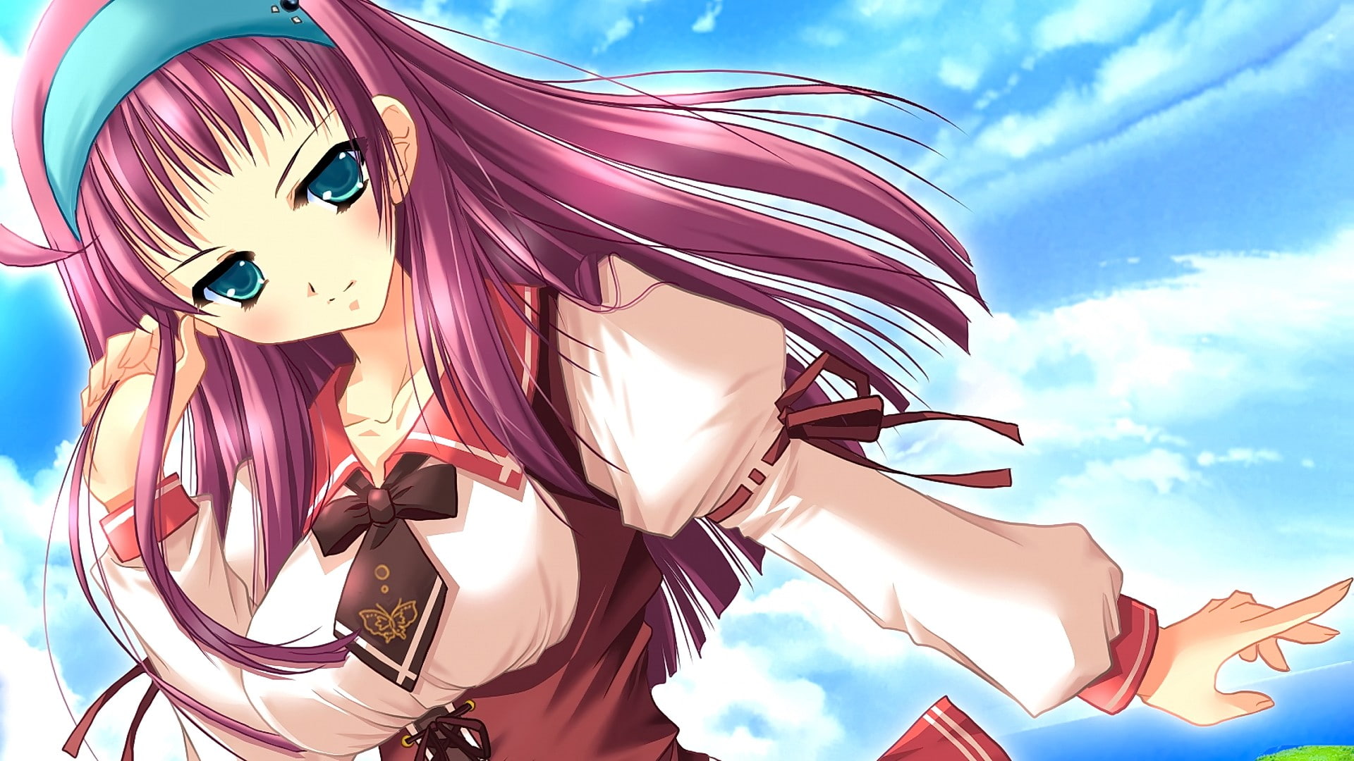 sky, day, hairstyle, women, representation, Kashi Harutsuge, young women, cloud - sky, Sumiwataru Asairo Yori mo., beautiful woman, wind, anime girls, nature, HD Wallpaper
