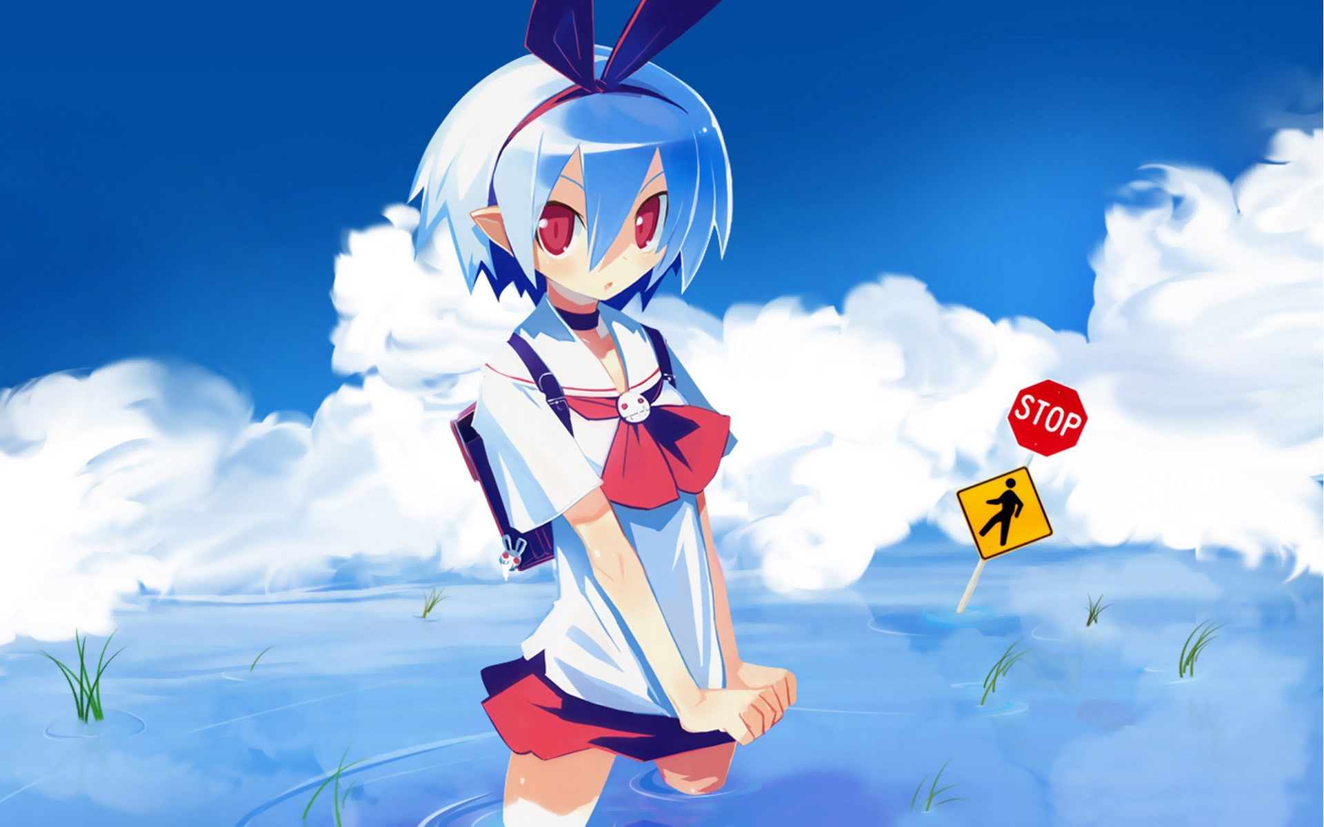 Disgaea, blue eyes, anime, Pleinair, sign, anime girls, red eyes, 1080P, Makai Senki Disgaea, short hair, HD Wallpaper