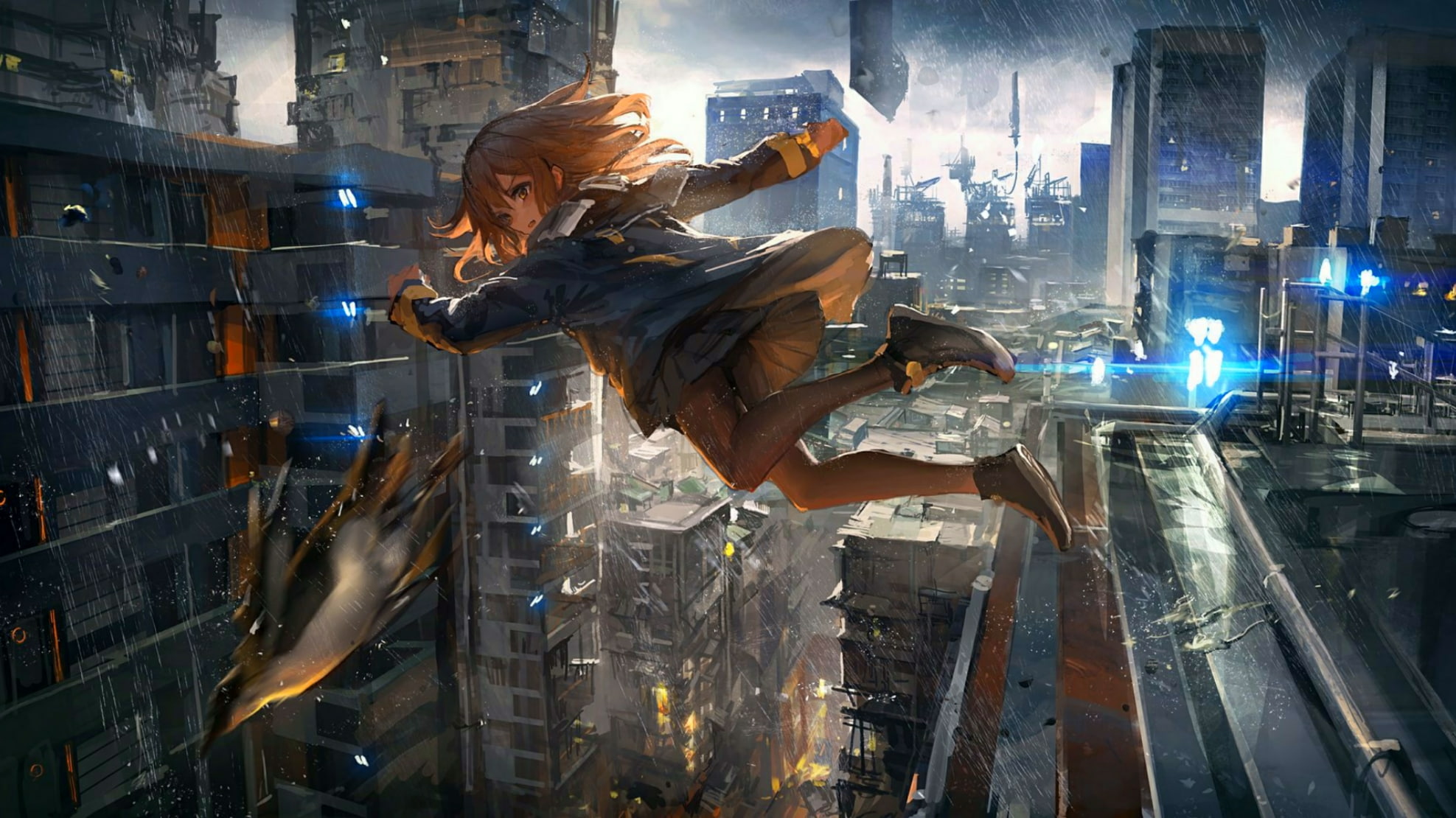 residential district, skyscraper, architecture, 1080P, adult, one person, night, representation, young adult, nature, city life, drawing, jumping, digital composite, HD Wallpaper