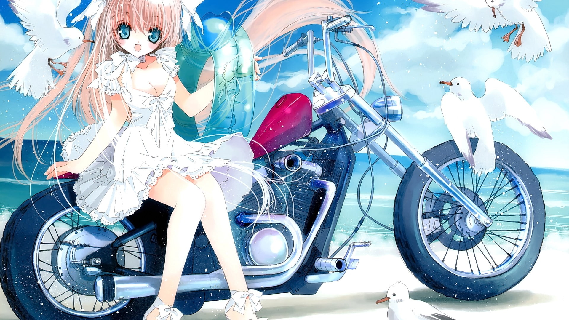 anime, travel, blonde, looking at viewer, motorcycle, mode of transportation, stationary, street, motor vehicle, reflection, long hair, original characters, HD Wallpaper