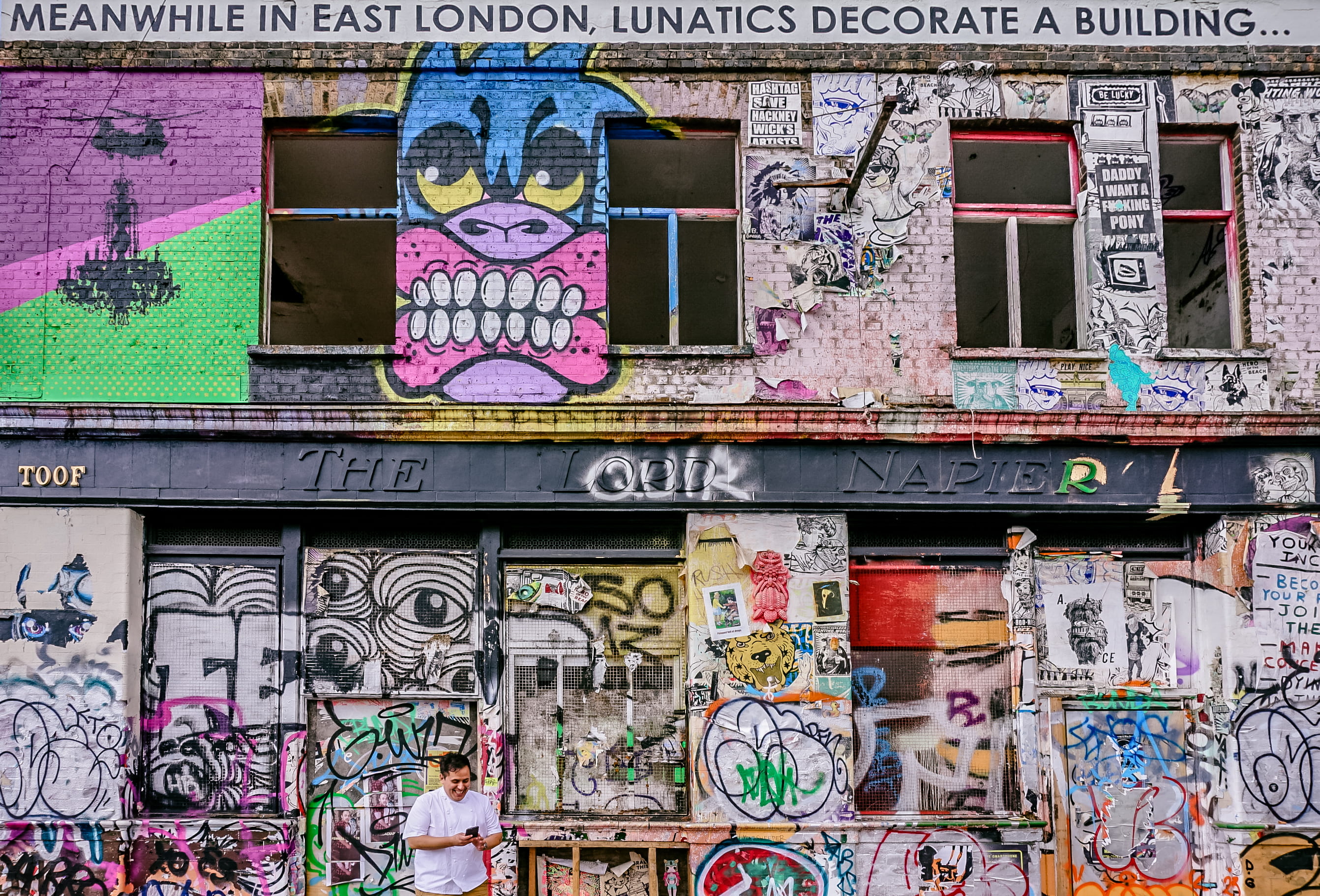 text, creativity, street art, urban art, background, no people, graffiti, london, mural, building, human representation, man, front, city, art, pattern, HD Wallpaper