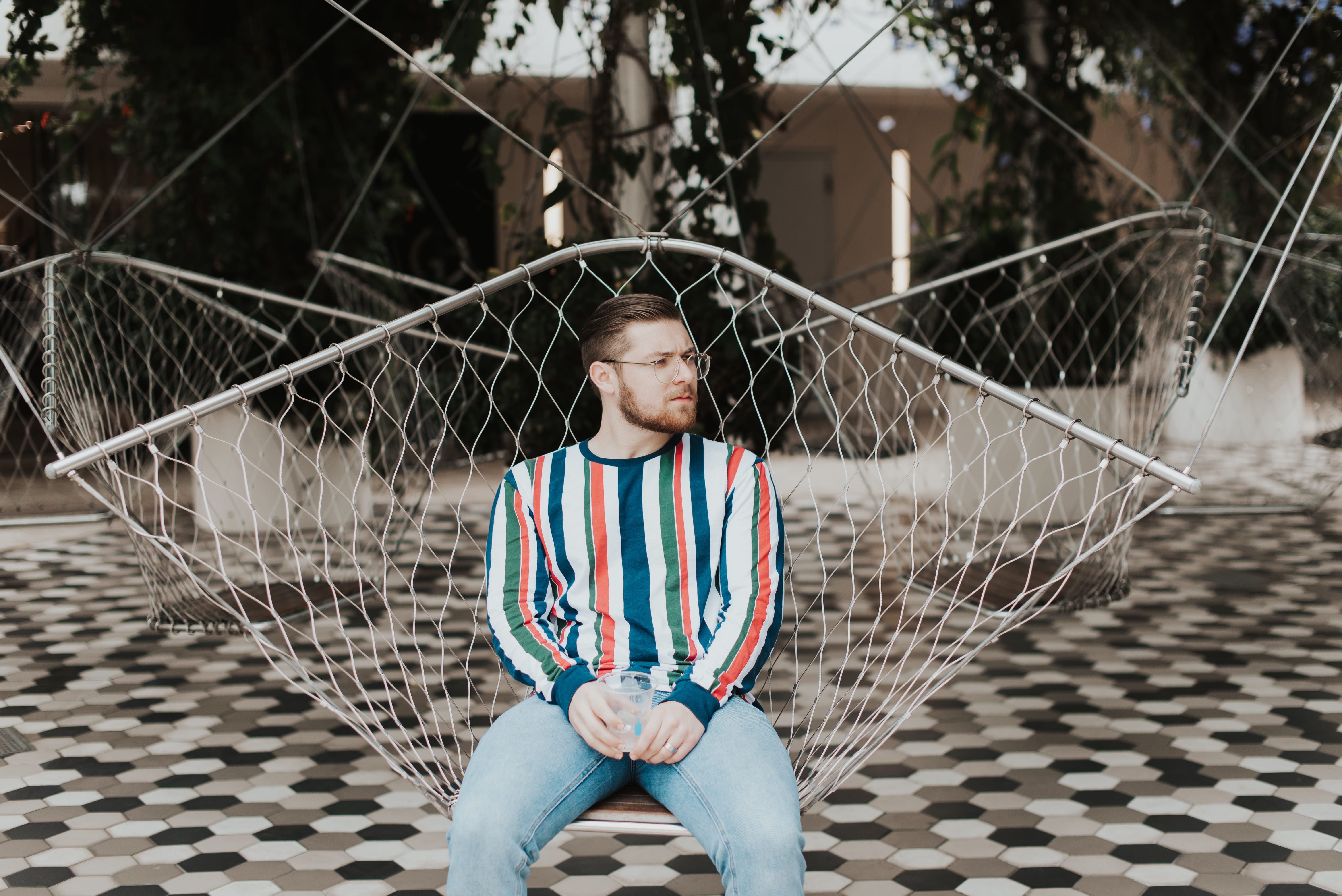 couch, real people, furniture, hammock, outdoors, focus on foreground, men, males, teenager, clothing, denim, human, playground, person, glasses, apparel, HD Wallpaper