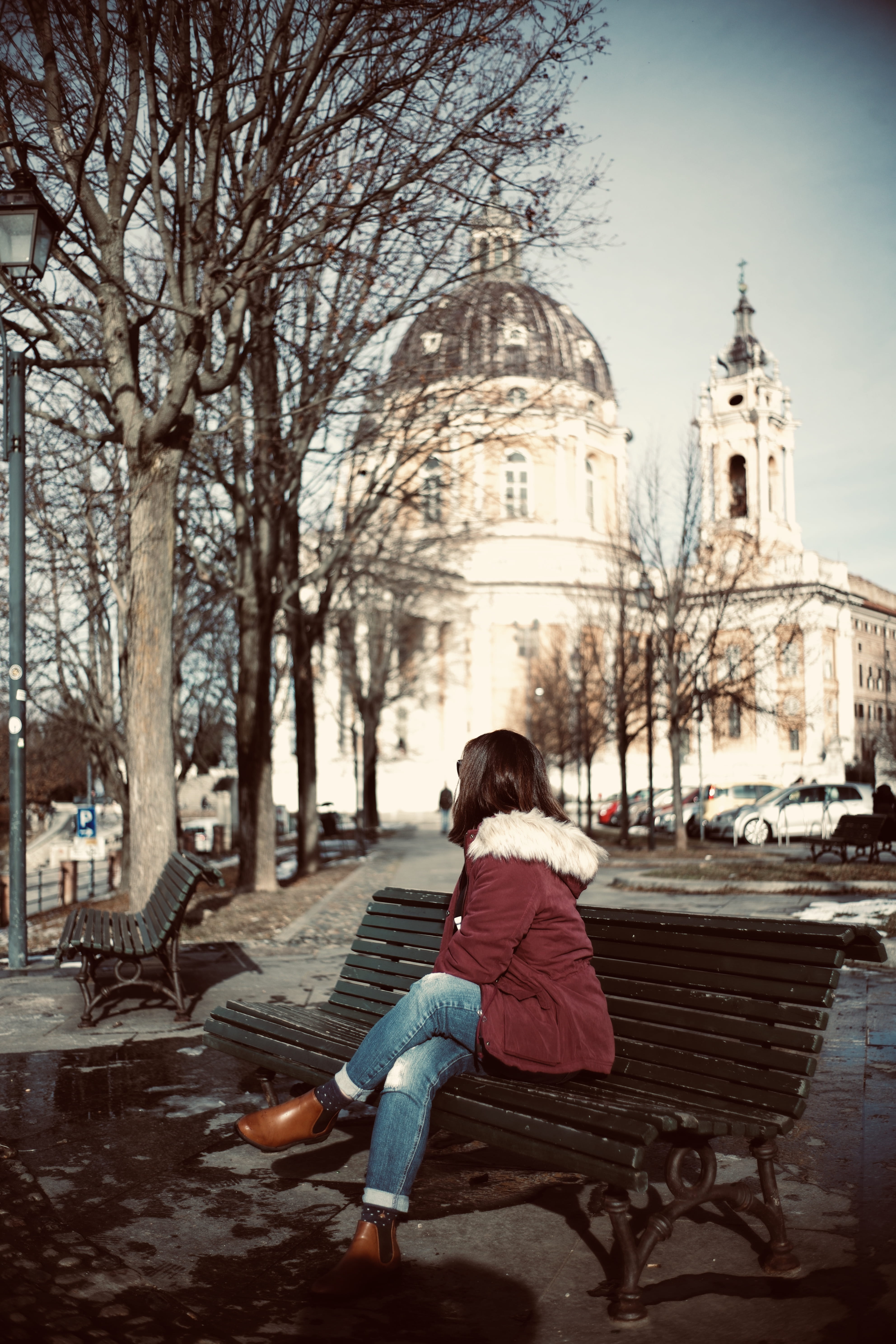 warm clothing, sitting, spirituality, furniture, architecture, path, one person, tree, footwear, spire, built structure, transportation, person, car, clothing, Phone HD Wallpaper