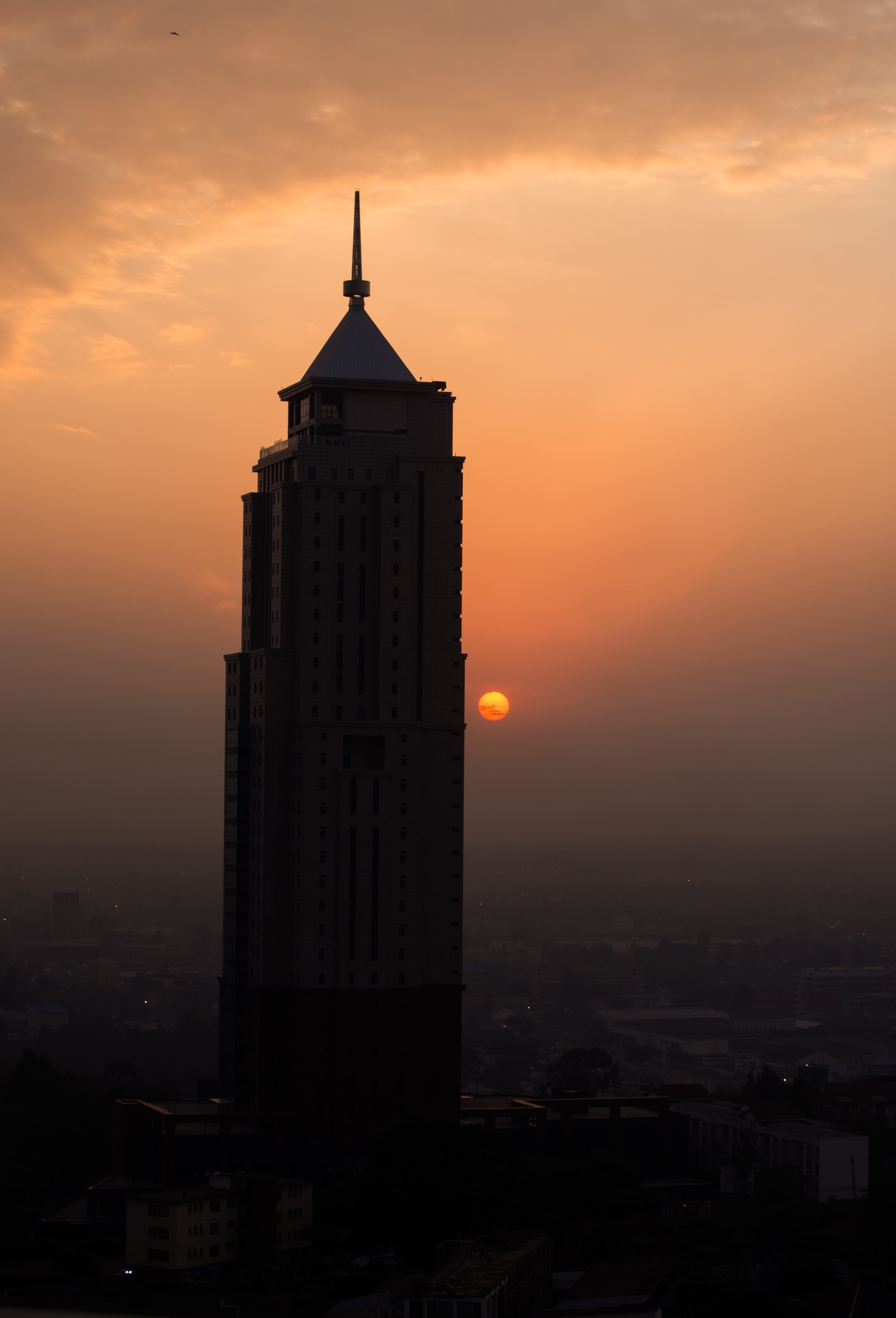 5K, no people, outdoors, orange color, religion, building exterior, building, sky, romantic sky, cityscape, spire, nairobi, office building exterior, place of worship, Phone HD Wallpaper