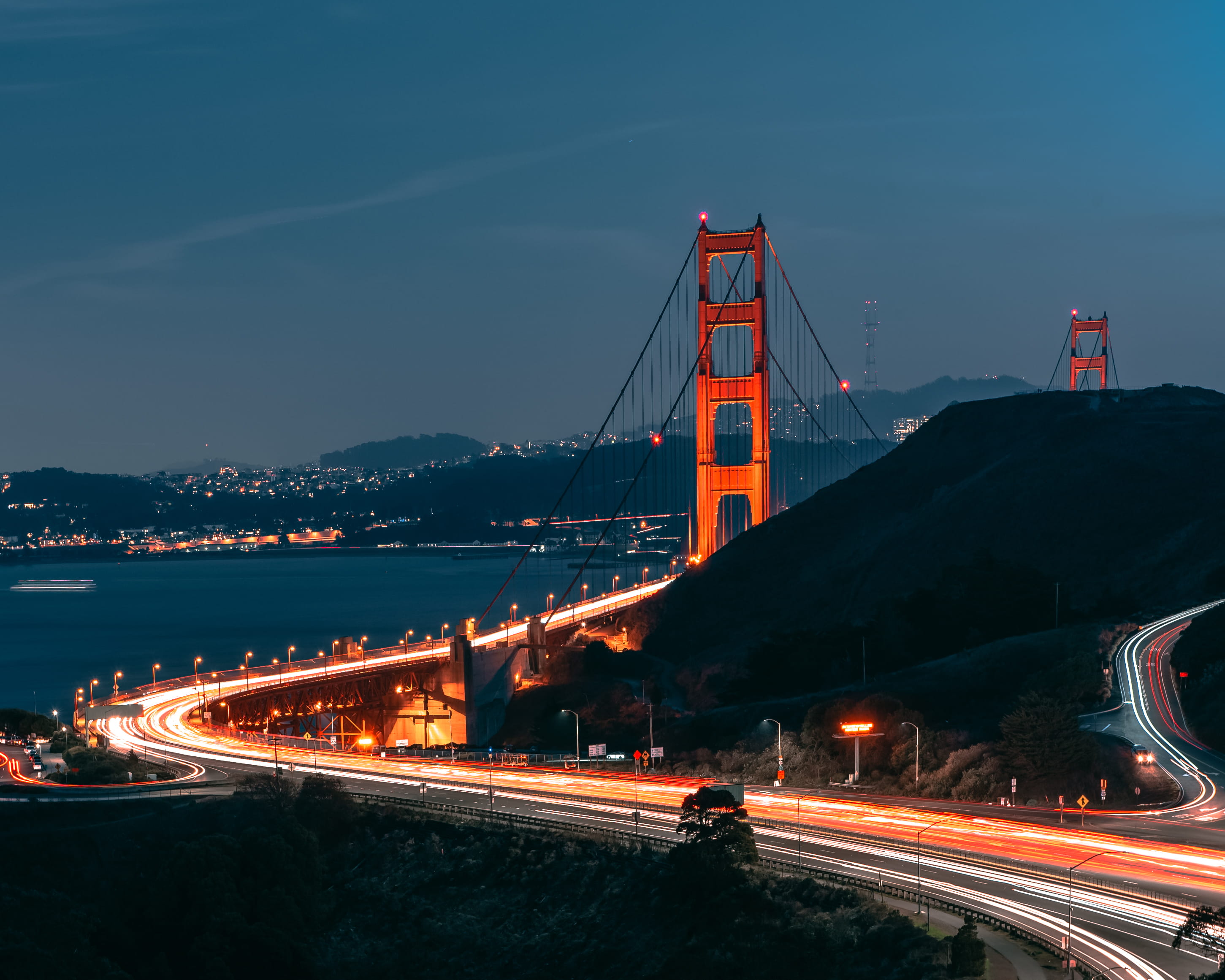 nature, tower, speed, promontory, banister, sky, steeple, town, person, light trail, long, long exposure, path, built structure, water, 2K, exposure, suspension bridge, HD Wallpaper