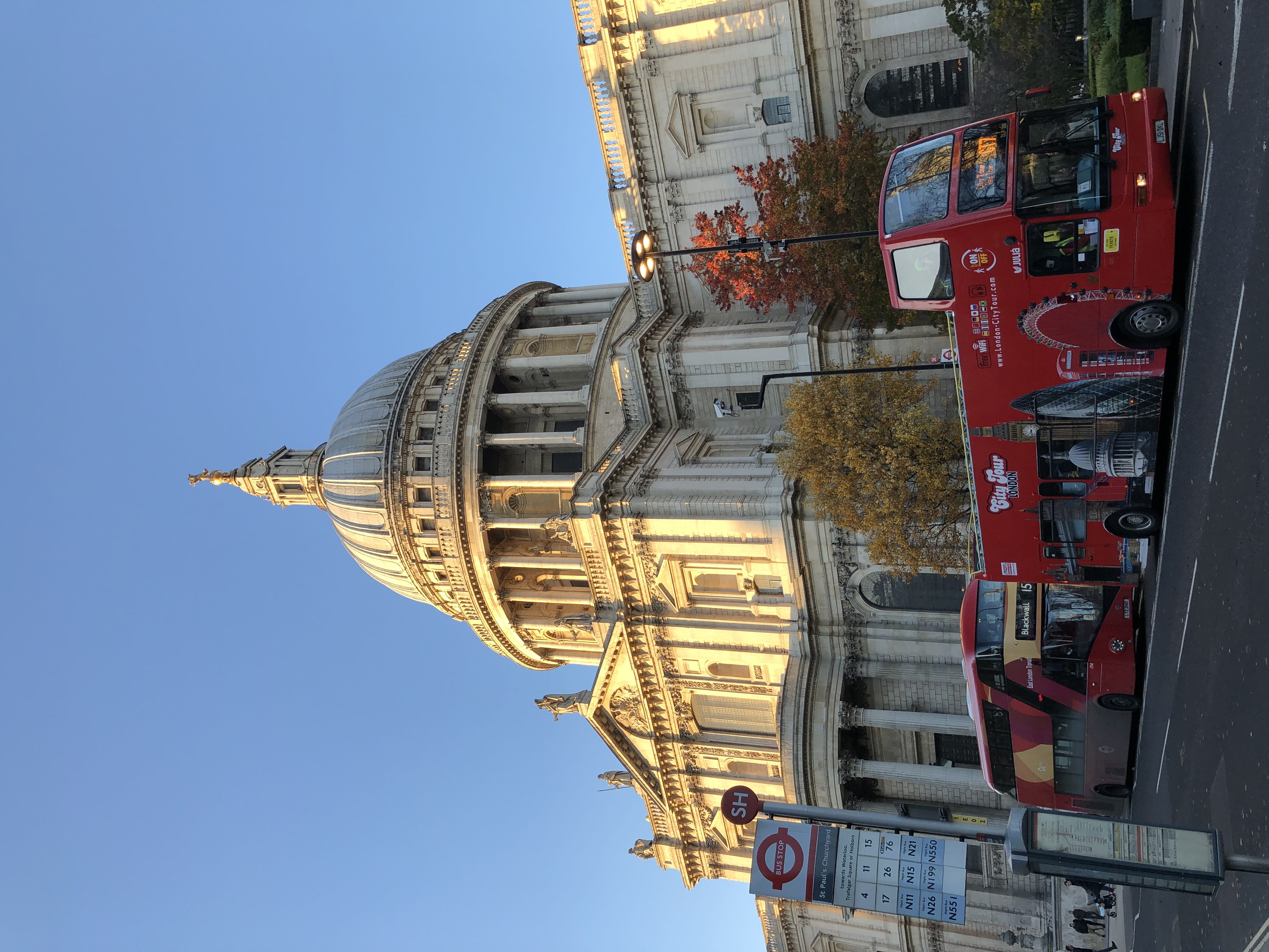 religion, landmark, st pauls cathedral (stop sk), autumn, dome, fall, greater london, belief, 4K, bus, sky, no people, blue, place of worship, united kingdom, HD Wallpaper