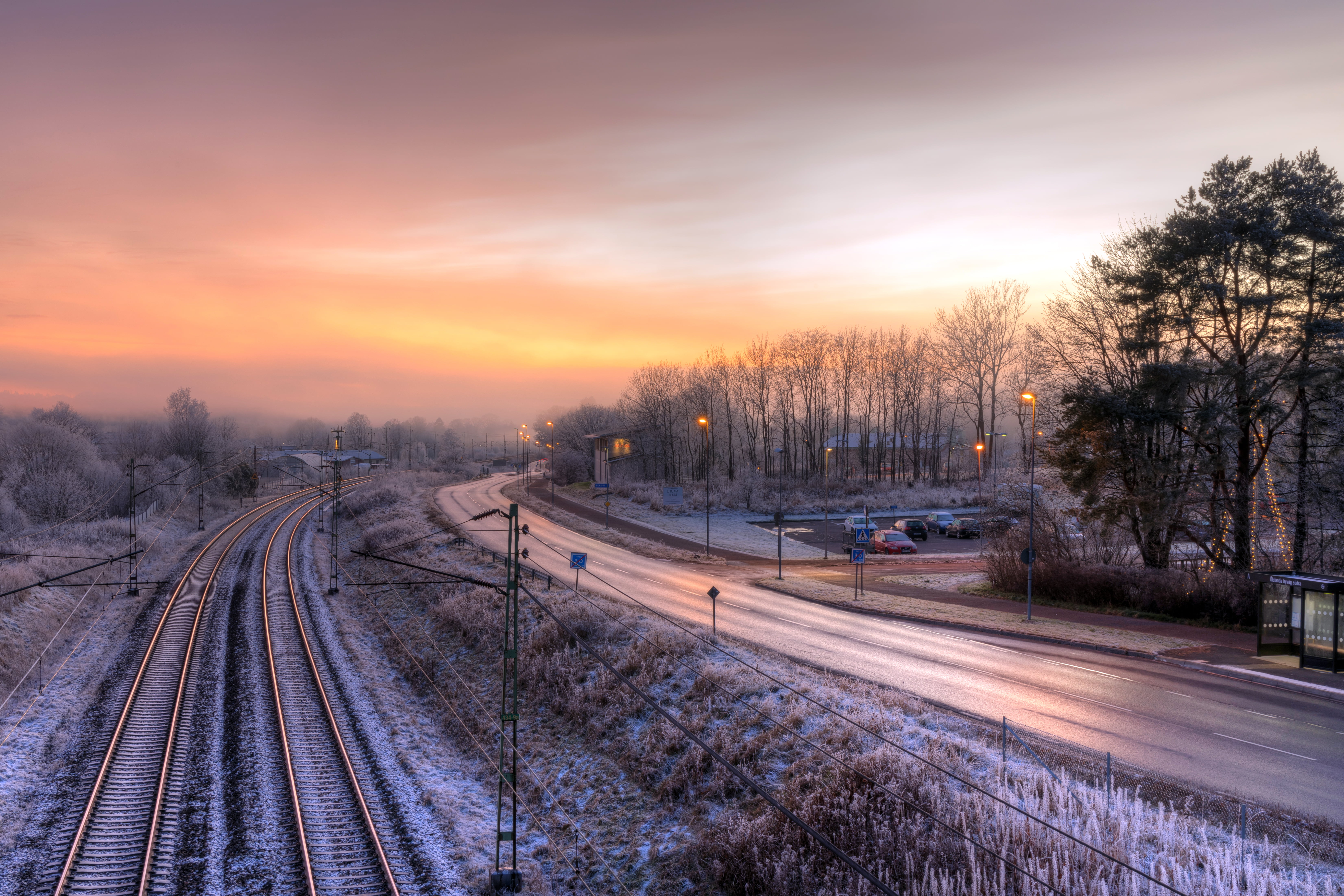 photography, bus stop, 5K, winter, trees, train, road, dappled sunlight, car, nature, street light, sky, sunlight, signs, sunset, snow, HD Wallpaper