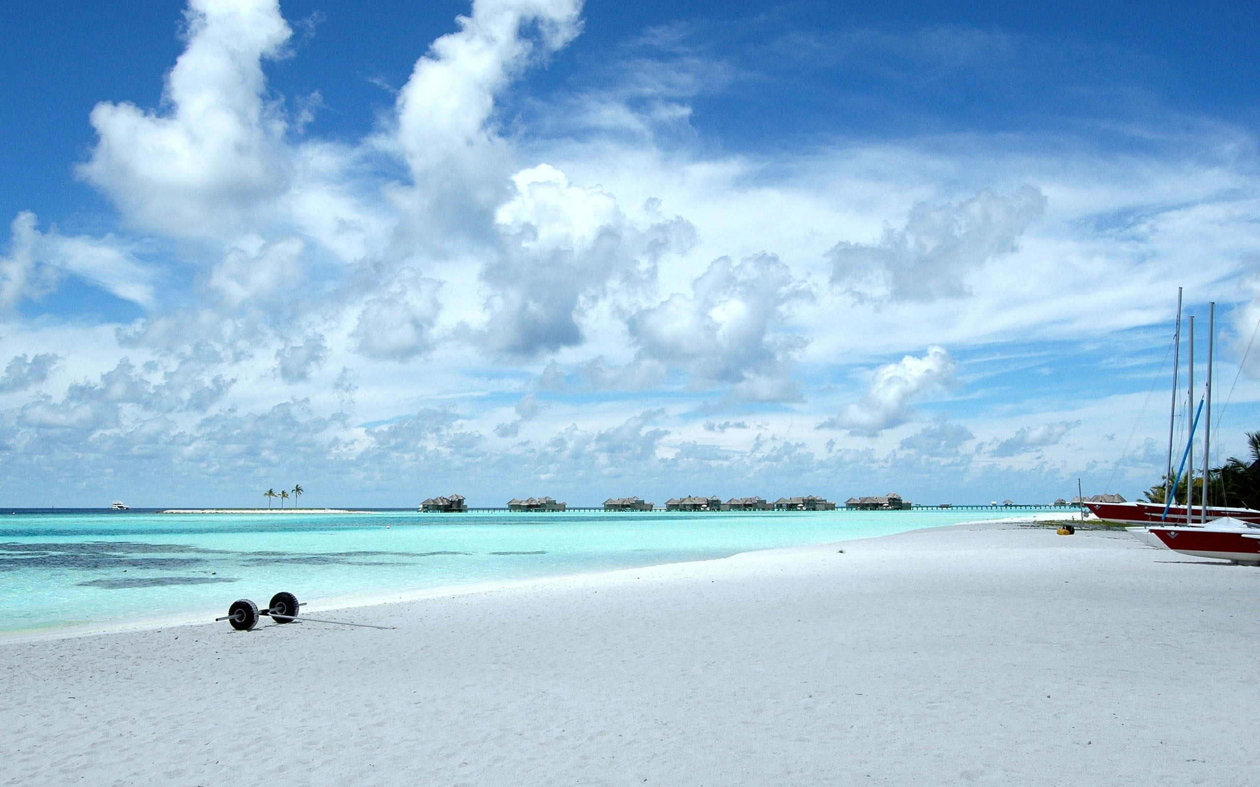 scenics - nature, incidental people, bungalow, tranquil scene, water, land, tropical, day, horizon over water, 2K, sea, turquoise colored, horizon, sand, HD Wallpaper