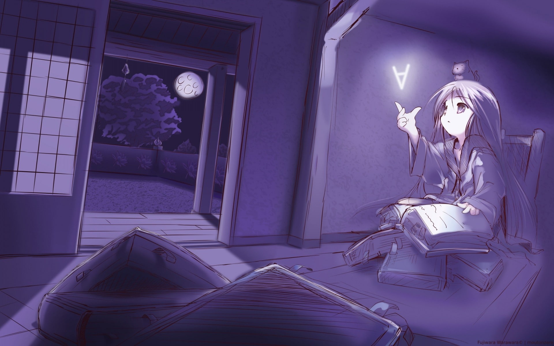 bedroom, anime girls, Moon, trees, 1080P, HD Wallpaper
