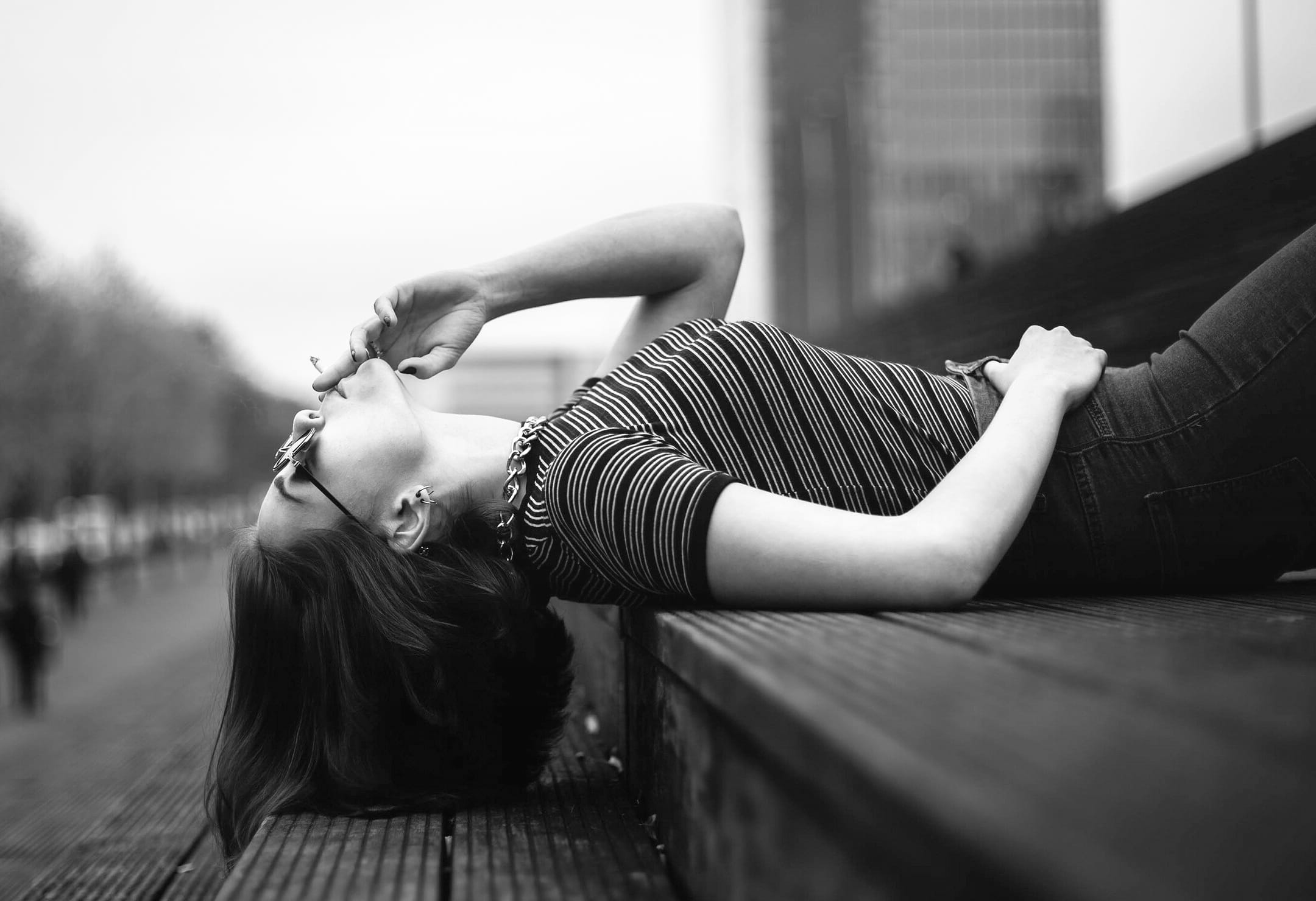 stairway, stairs, person, woman, emotion, casual clothing, female, leisure activity, street, girl, fashion, real people, photo, hairstyle, laying, selective focus, HD Wallpaper