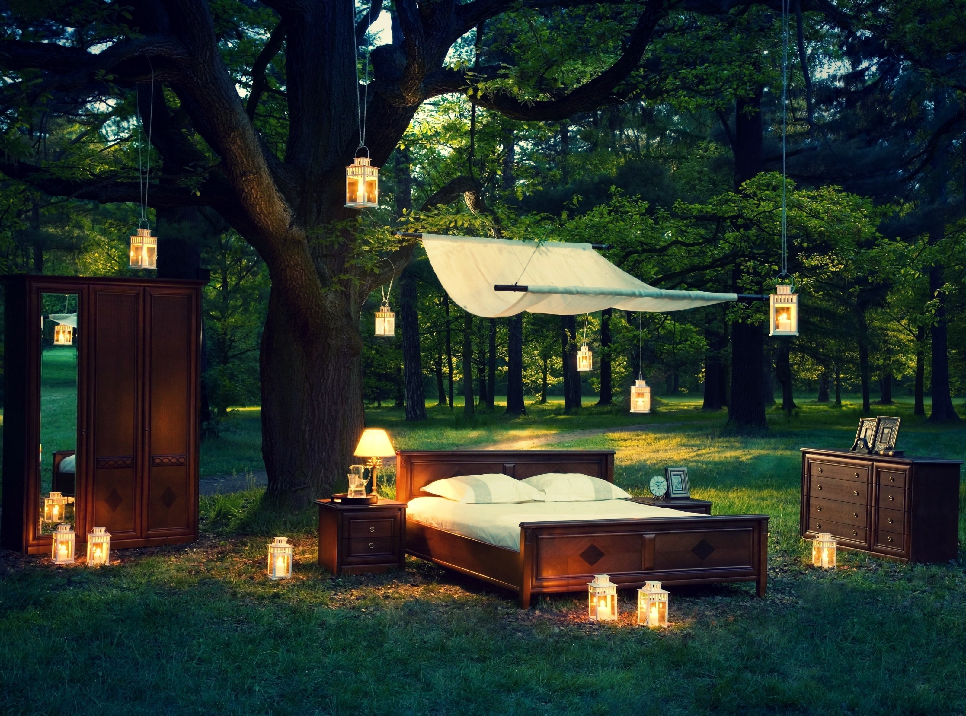 architecture, no people, tree trunk, green color, brown, Outdoor, Evening, Seasons, tree, park - man made space, Nature, outdoors, Bedroom, grass, field, HD Wallpaper