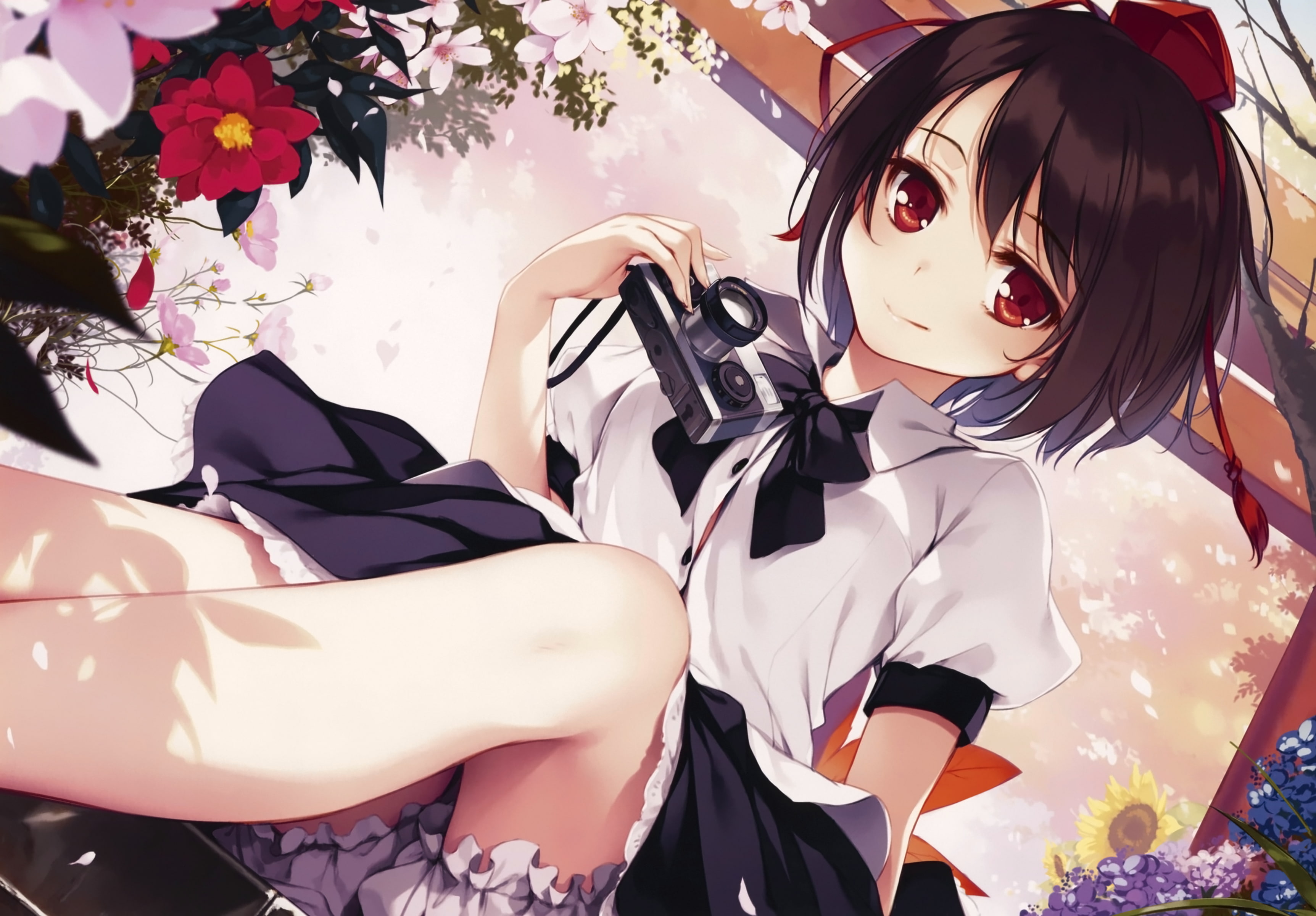 ke-ta, flowers, brunette, anime, sitting, 2K, red eyes, Touhou, bloomers, camera, short hair, legs, Shameimaru Aya, hat, anime girls, skirt, HD Wallpaper
