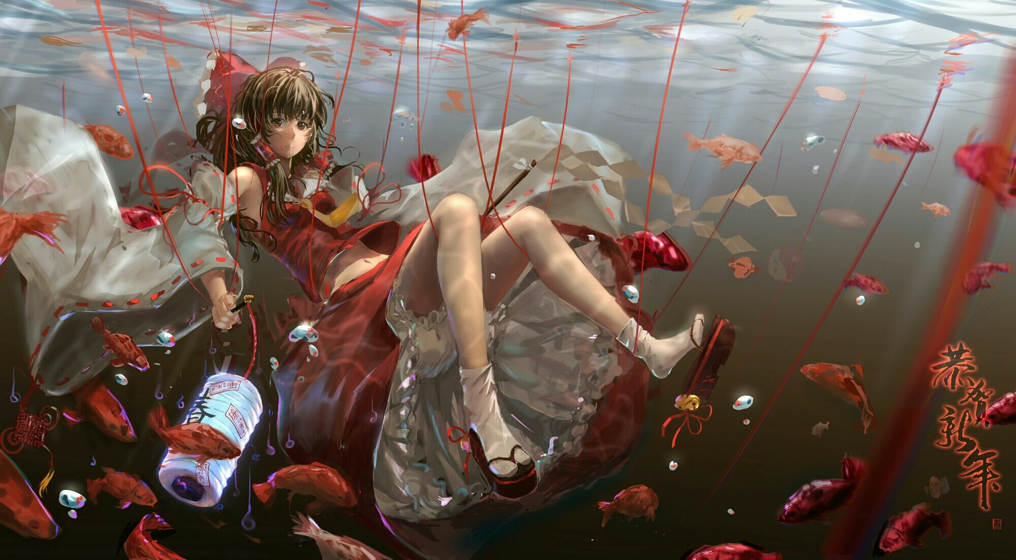 high angle view, leisure activity, indoors, red, fishes, touhou, real people, Anime, lifestyles, childhood, full length, bloomers, hakurei reimu, underwater, HD Wallpaper