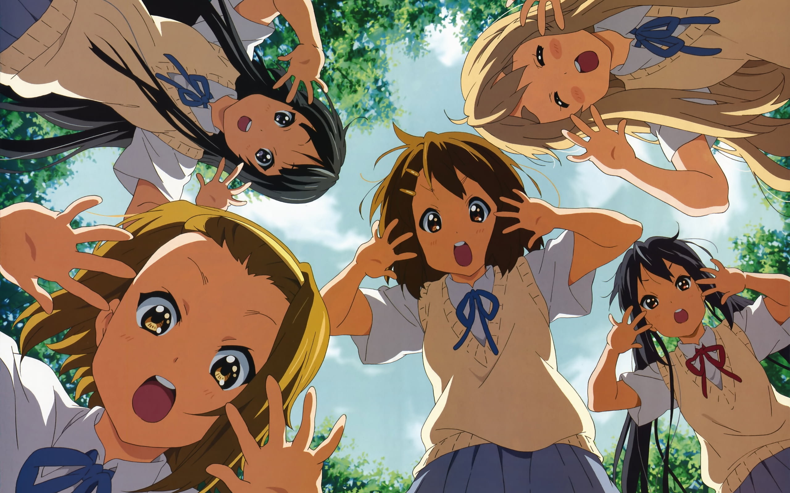2K, open mouth, Kotobuki Tsumugi, azunyan, anime girls, school uniform, arms up, K-ON!, Tainaka Ritsu, schoolgirl, Hirasawa Yui, Nakano Azusa, Akiyama Mio, HD Wallpaper