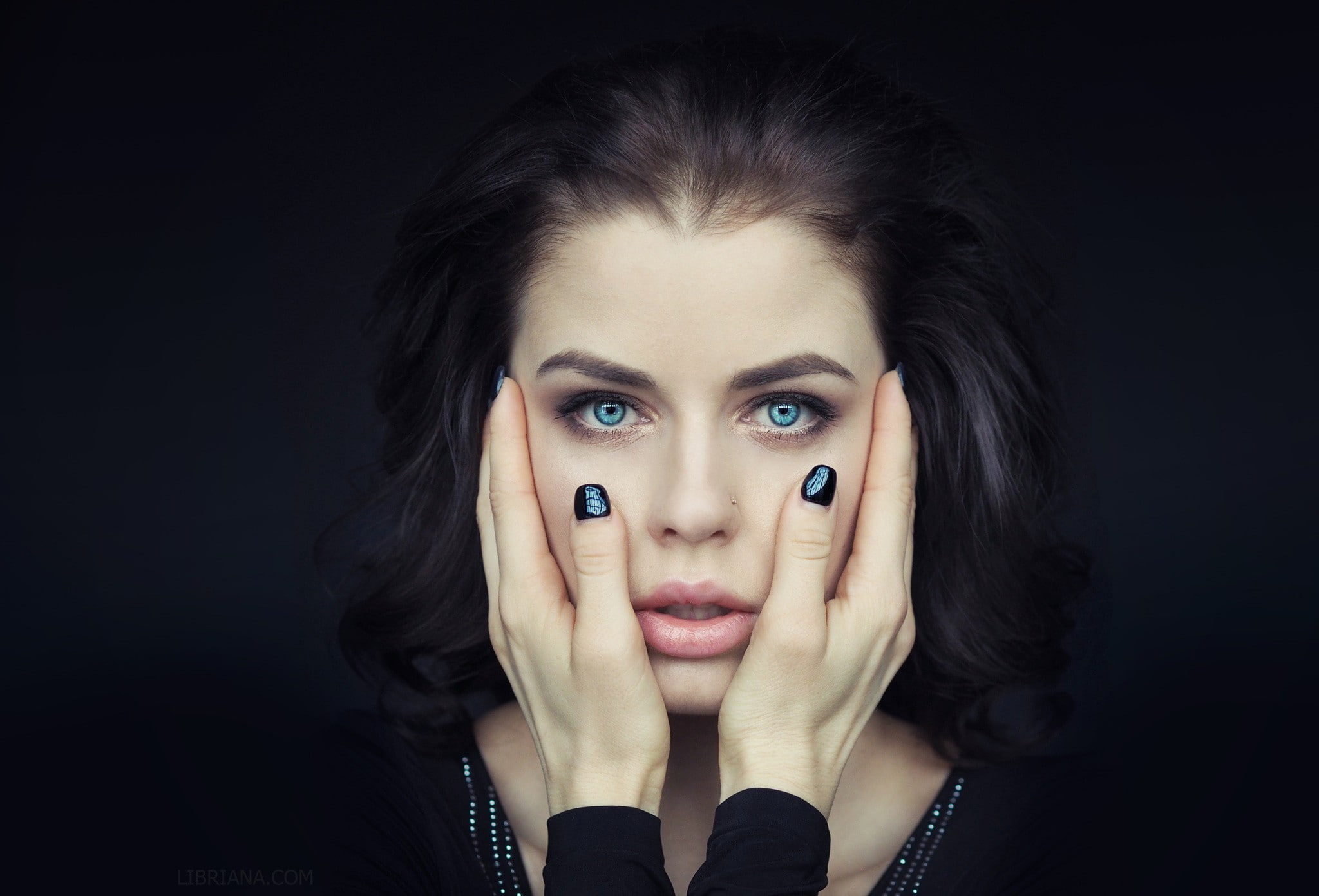 black background, pierced nose, portrait, Elizabeth Gillies, 1080P, painted nails, women, face, hands, simple background, blue eyes, HD Wallpaper