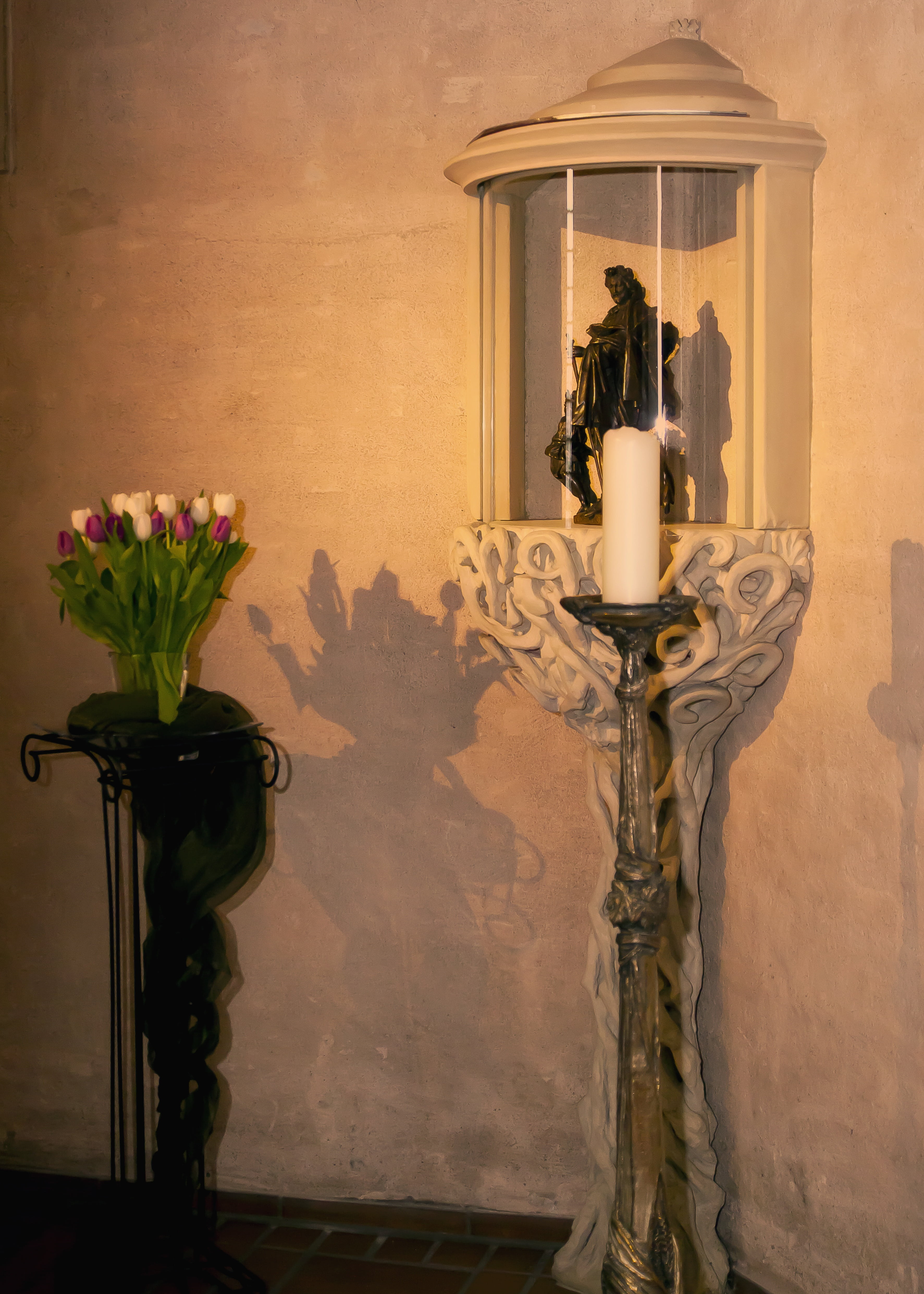 wall - building feature, jesus, flower, statue, god, vase, flame, wall, representation, indoors, nature, cross, plant, bell, priest, no people, religion, Phone HD Wallpaper
