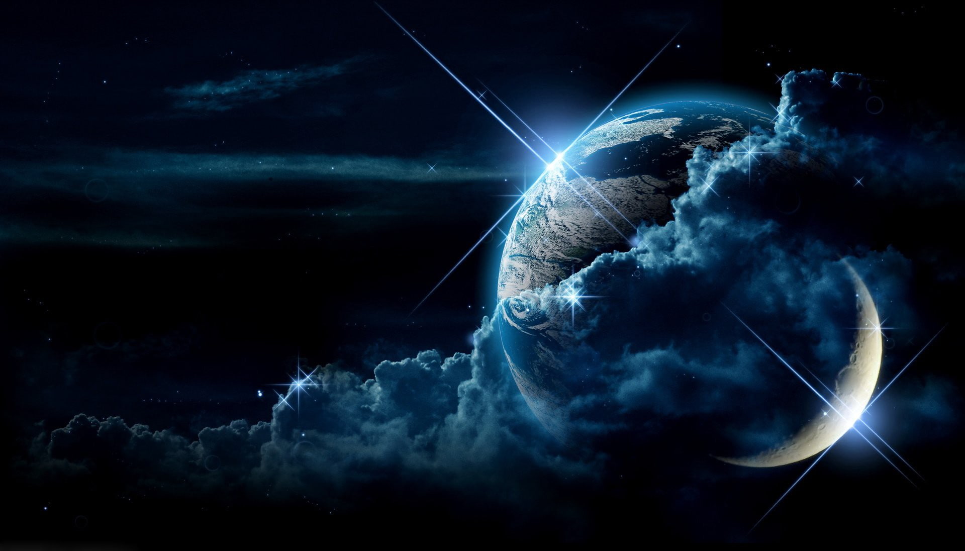 light - natural phenomenon, stars, space art, night, storm, outdoors, space exploration, planet, lightning, blue, space, glowing, cloud - sky, nature, digital composite, HD Wallpaper