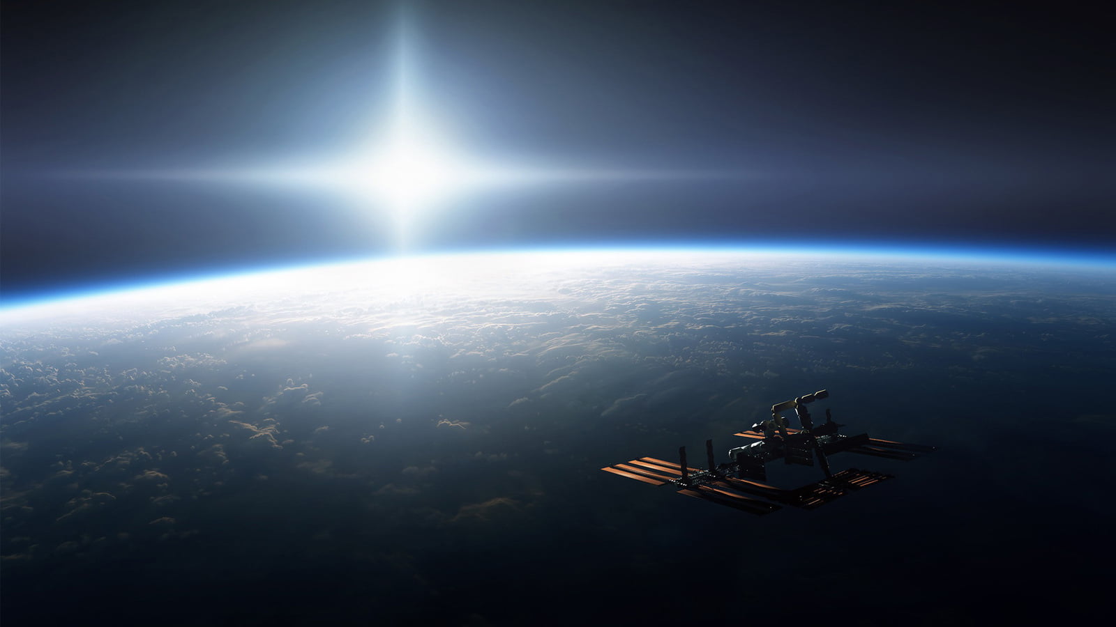 air vehicle, astronomy, horizon, technology, orbiting, sunlight, aerial view, no people, high angle view, futuristic, space station, environment, copy space, HD Wallpaper