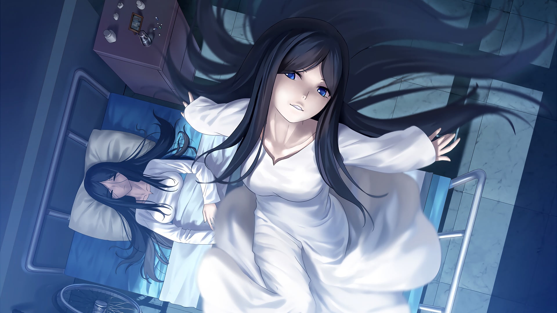 character, Kara no Kyoukai, women, high angle view, sleeved, white, dress, lifestyles, day, beauty, young adult, long, anime, representation, 1080P, Fujou Kirie, HD Wallpaper
