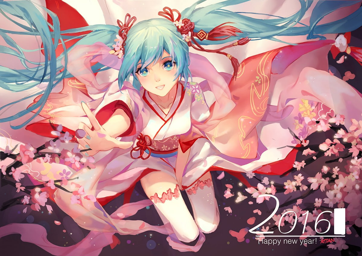 celebration, pink color, Vocaloid, hairstyle, kimono, long hair, representation, twintails, looking at camera, anime, thigh-highs, traditional clothing, HD Wallpaper