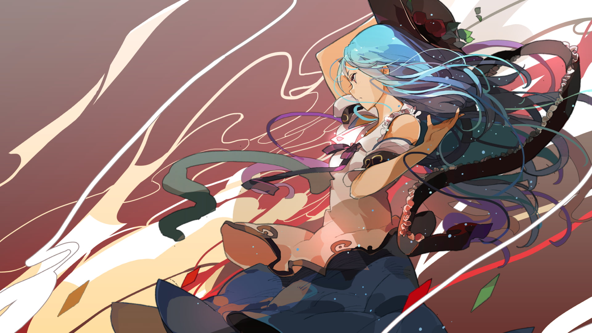 hat, Hinanawi Tenshi, 1080P, Ribbon on clothes, video games, women, ribbon, blue hair, anime girls, Touhou, dress, HD Wallpaper