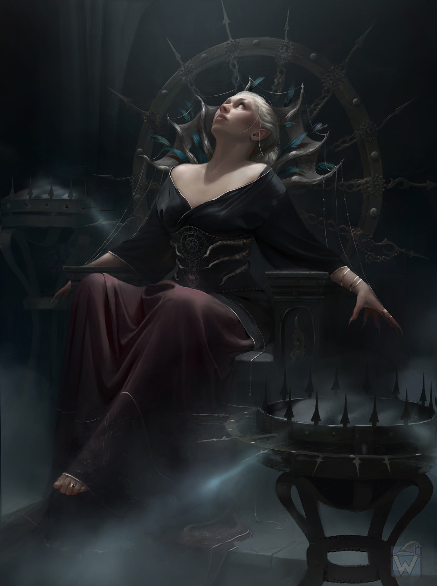 women, 720P, white eyes, blond hair, Queen, artwork, digital art, white hair, blonde, sitting, digital painting, young woman, Martina Fačková, throne, Phone HD Wallpaper