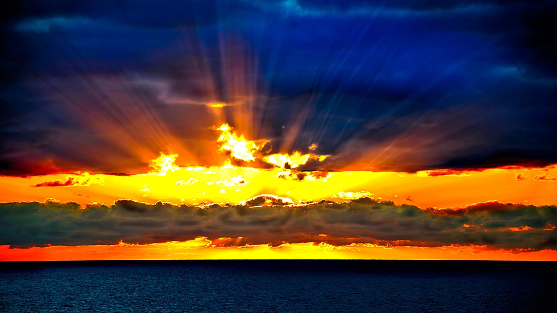 water, 1080P, horizon Over Water, night, body, bright, beams, sea, dusk, sunrise - Dawn, beauty In Nature, twilight, idyllic, orange Color, sunset, glowing, HD Wallpaper