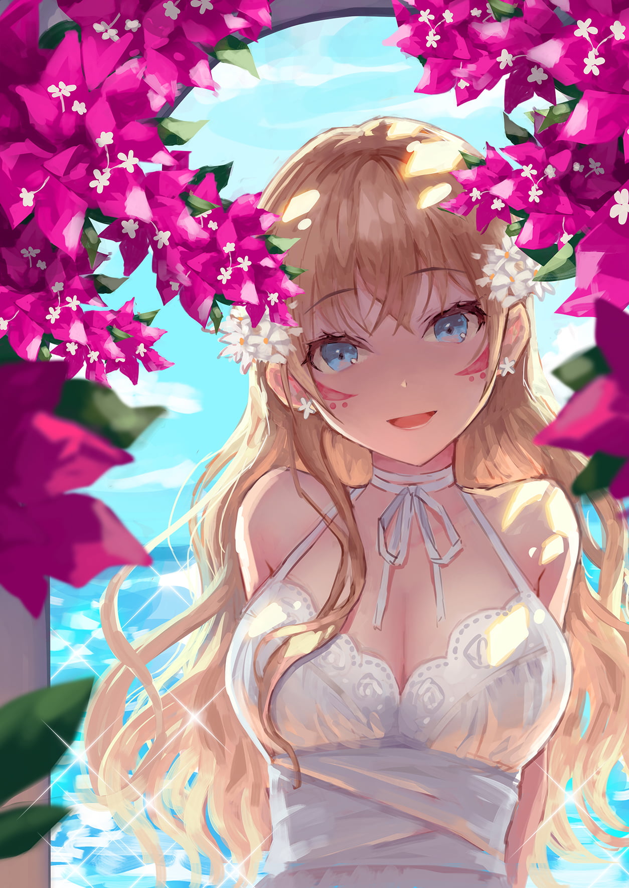open mouth, Mai Okuma, anime, flowers, painting, blue eyes, bokeh, long hair, anime girls, original characters, 2D, smiling, dress, 720P, artwork, digital painting, Phone HD Wallpaper