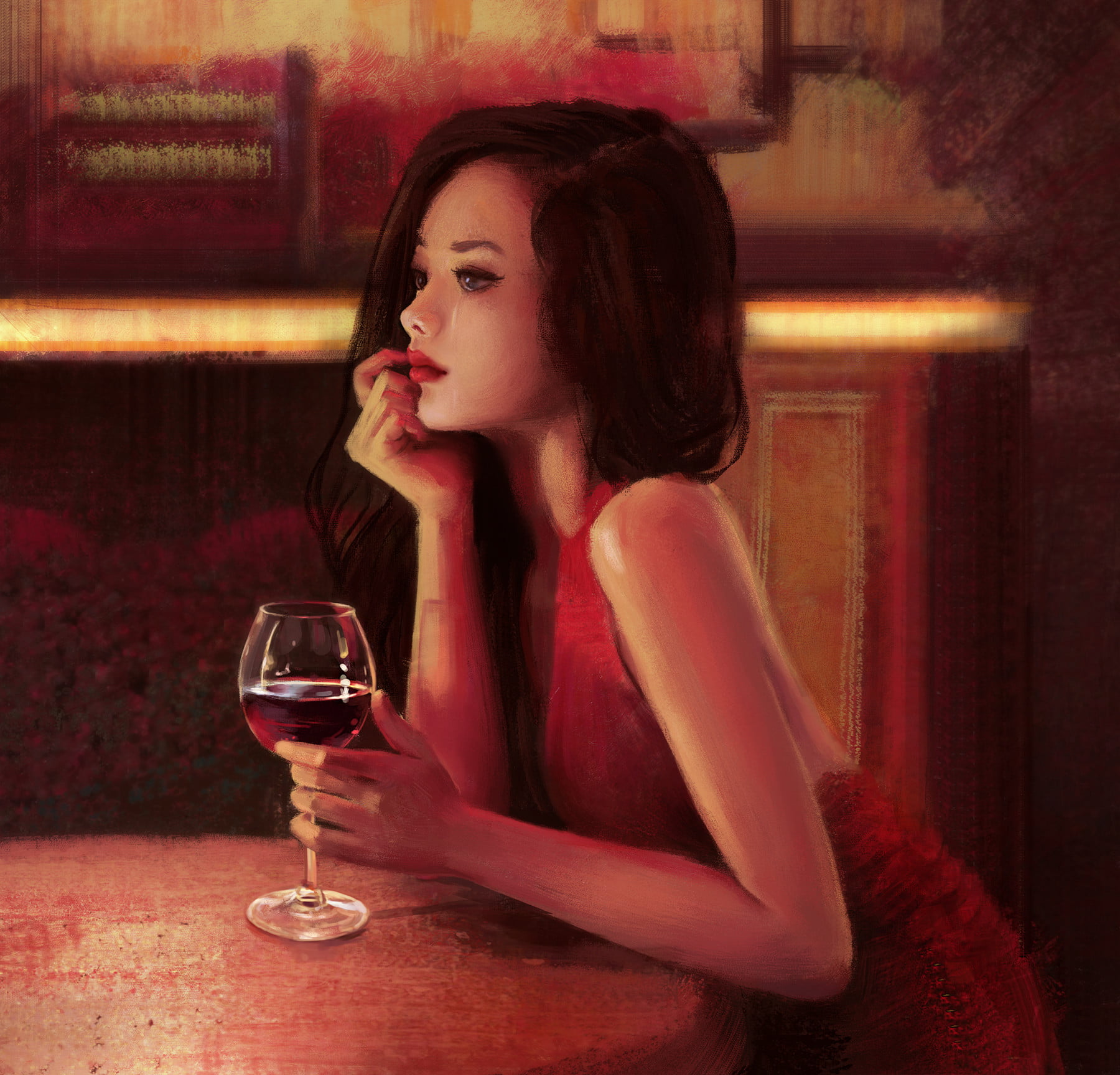 dark hair, looking into the distance, digital painting, young woman, fan art, ArtStation, crying, digital art, artwork, red wine, wine, 720P, hand on face, HD Wallpaper