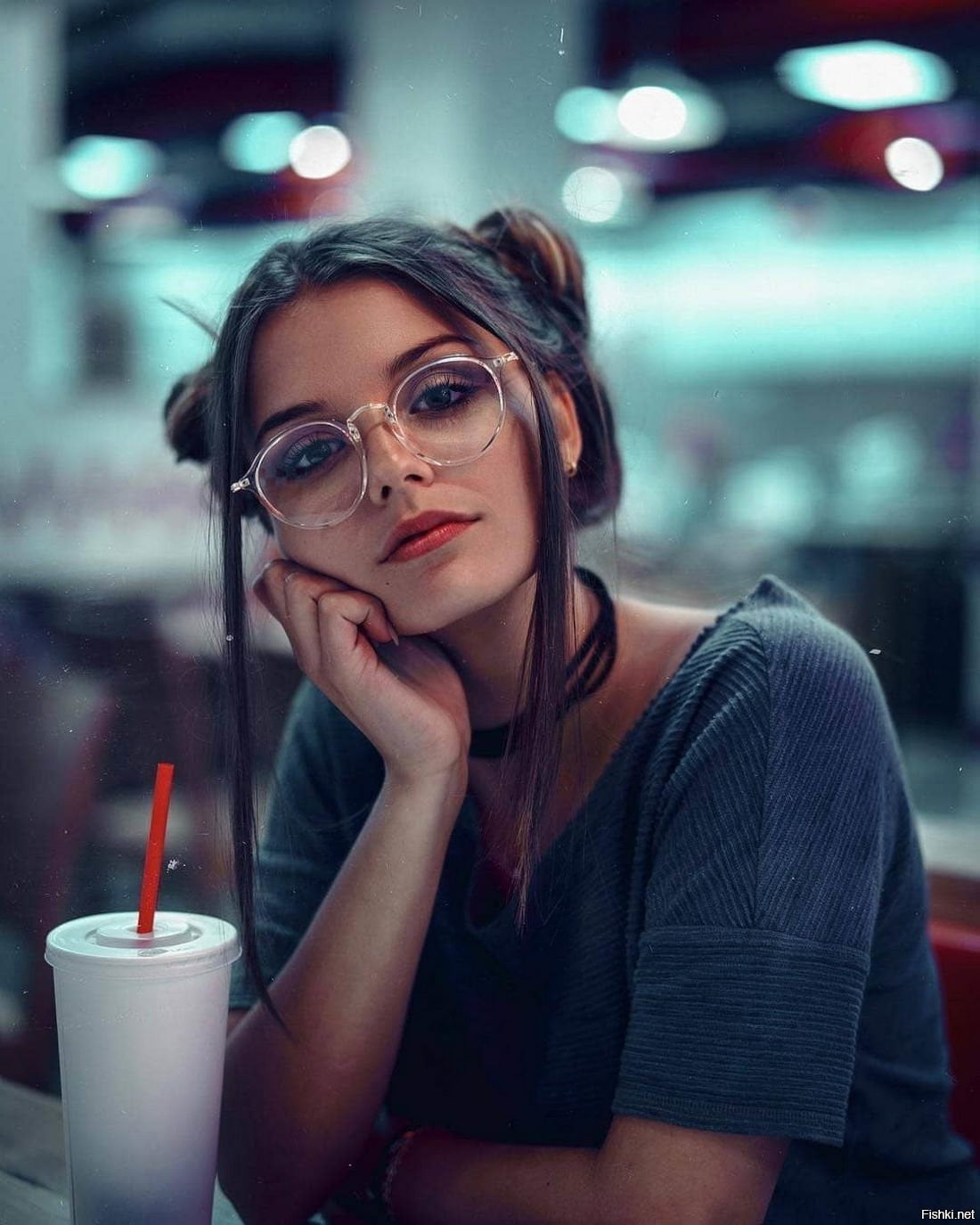 earring, looking at viewer, straw, makeup, young woman, cup, hairbun, bokeh, model, necklace, 720P, shirt, dark eyes, painted nails, touching face, watermarked, Phone HD Wallpaper