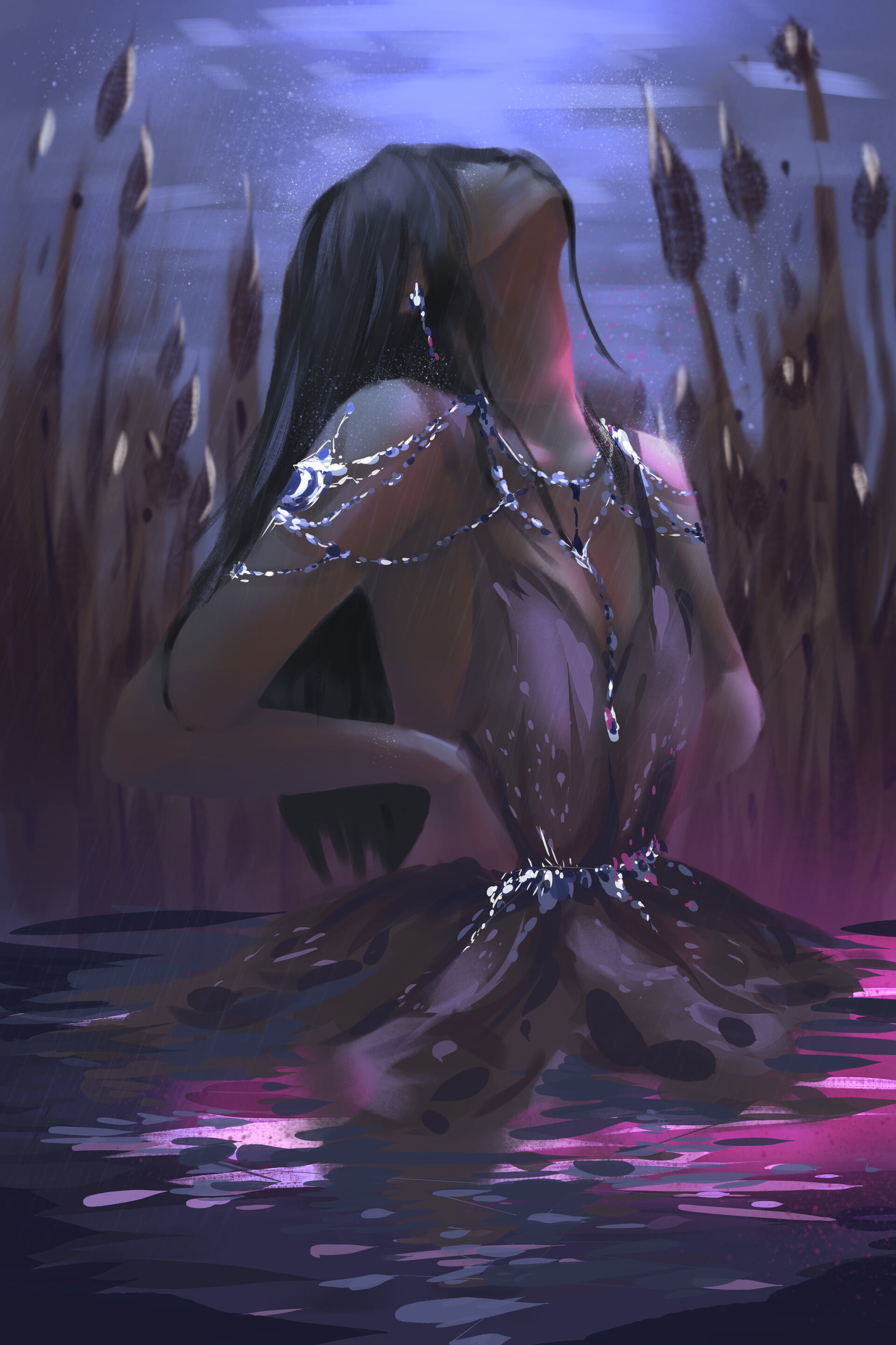 closed eyes, rain, Meghan Quwo, young woman, ArtStation, colorful, purple dresses, women, 2K, hand on belly, purple clothing, Long Neck, swamp, moonlight, Phone HD Wallpaper