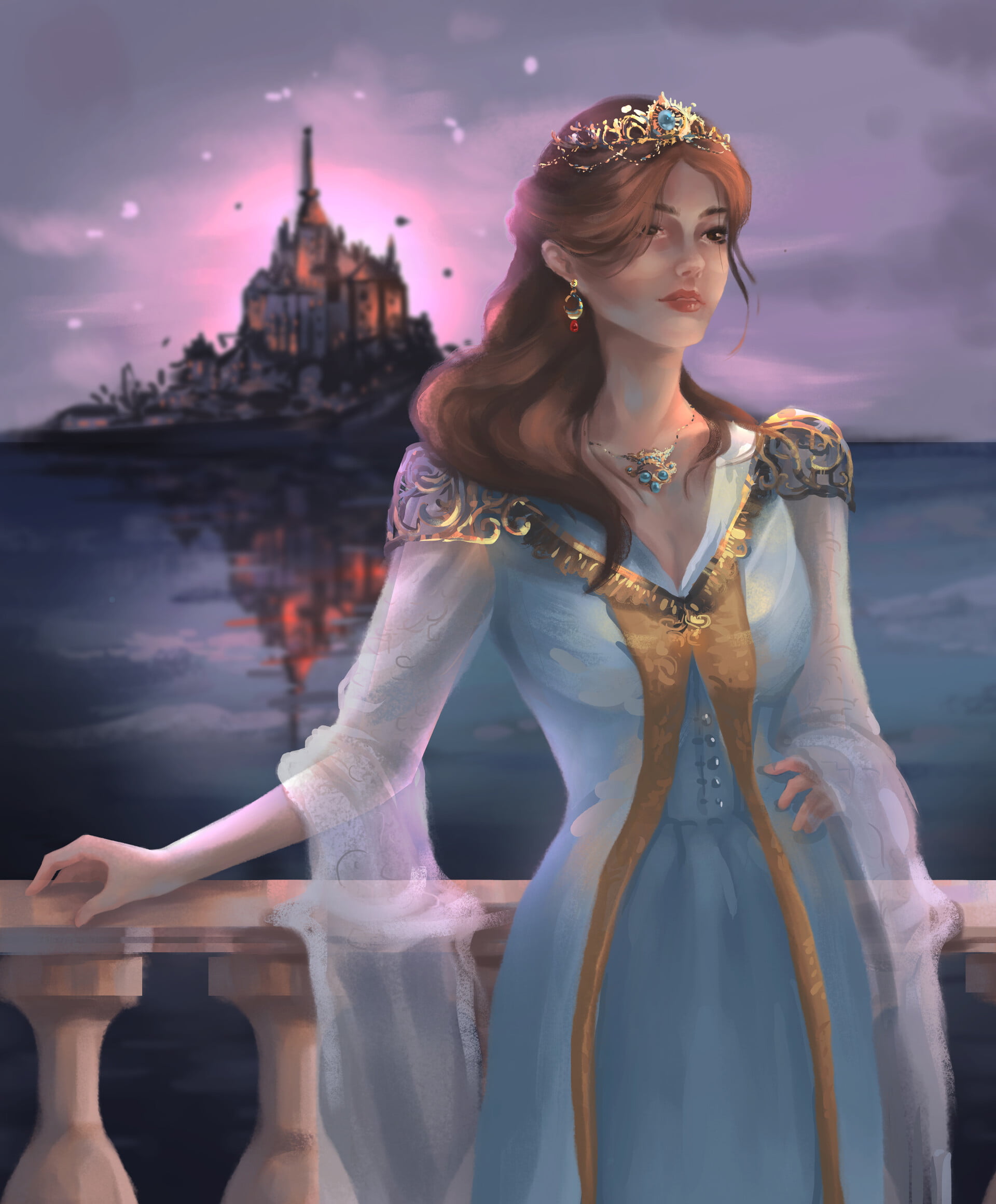 ArtStation, castle, brown eyes, jewelry, brunette, CROWNED, portrait display, artwork, white clothing, digital art, looking away, hand on belly, Meghan Quwo, Phone HD Wallpaper